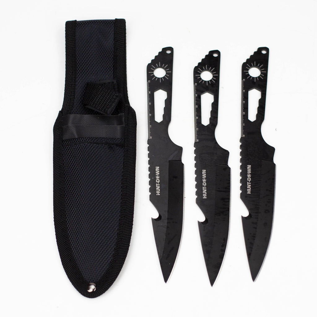 8" Three Piece  Hunt Down Black Throwing Knife Set With Fish Hook  [9569]