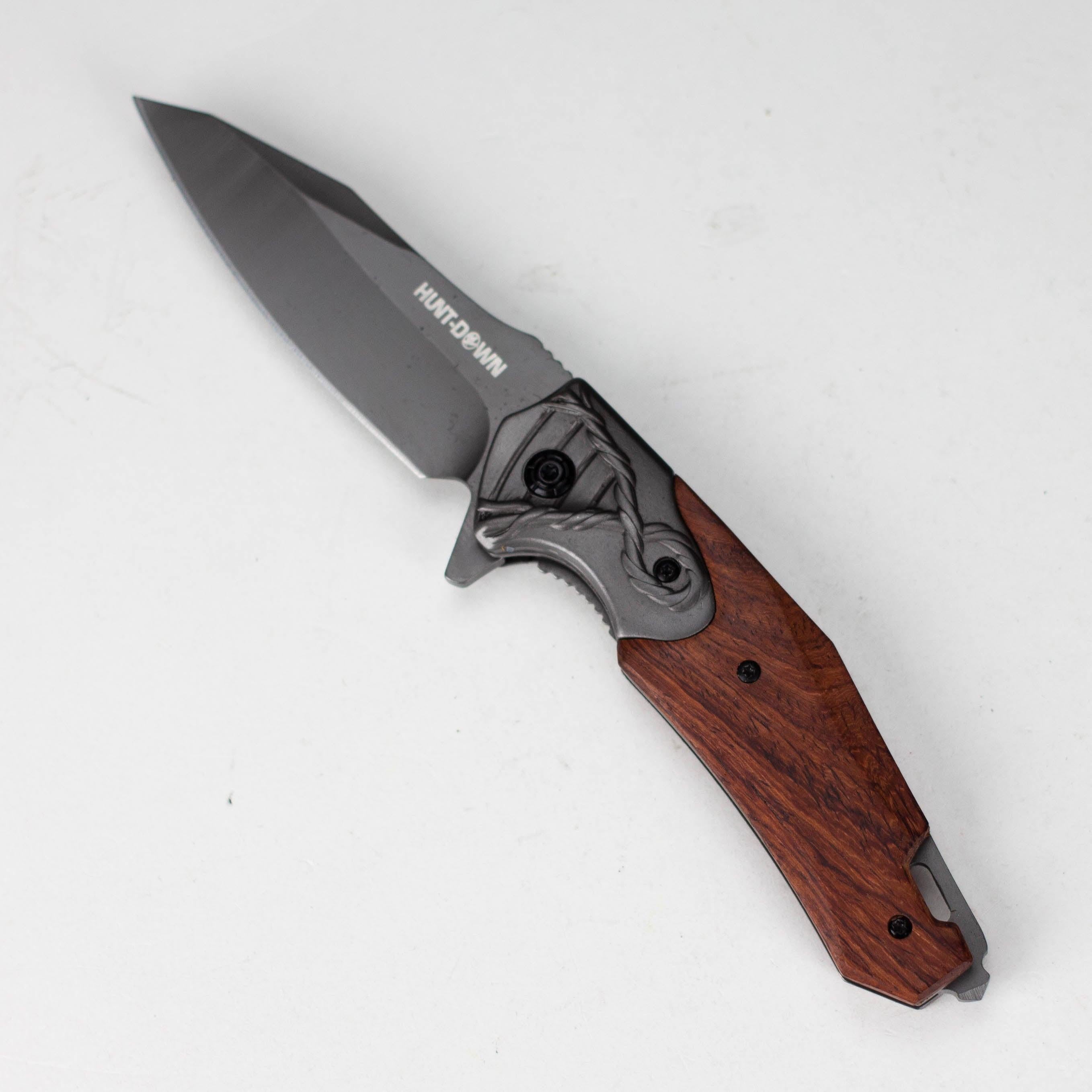 Hunt-Down | 8" Titanium Coated Finish Blade Ball Baring Folding Knife With Leather Sheath [14392] Main image