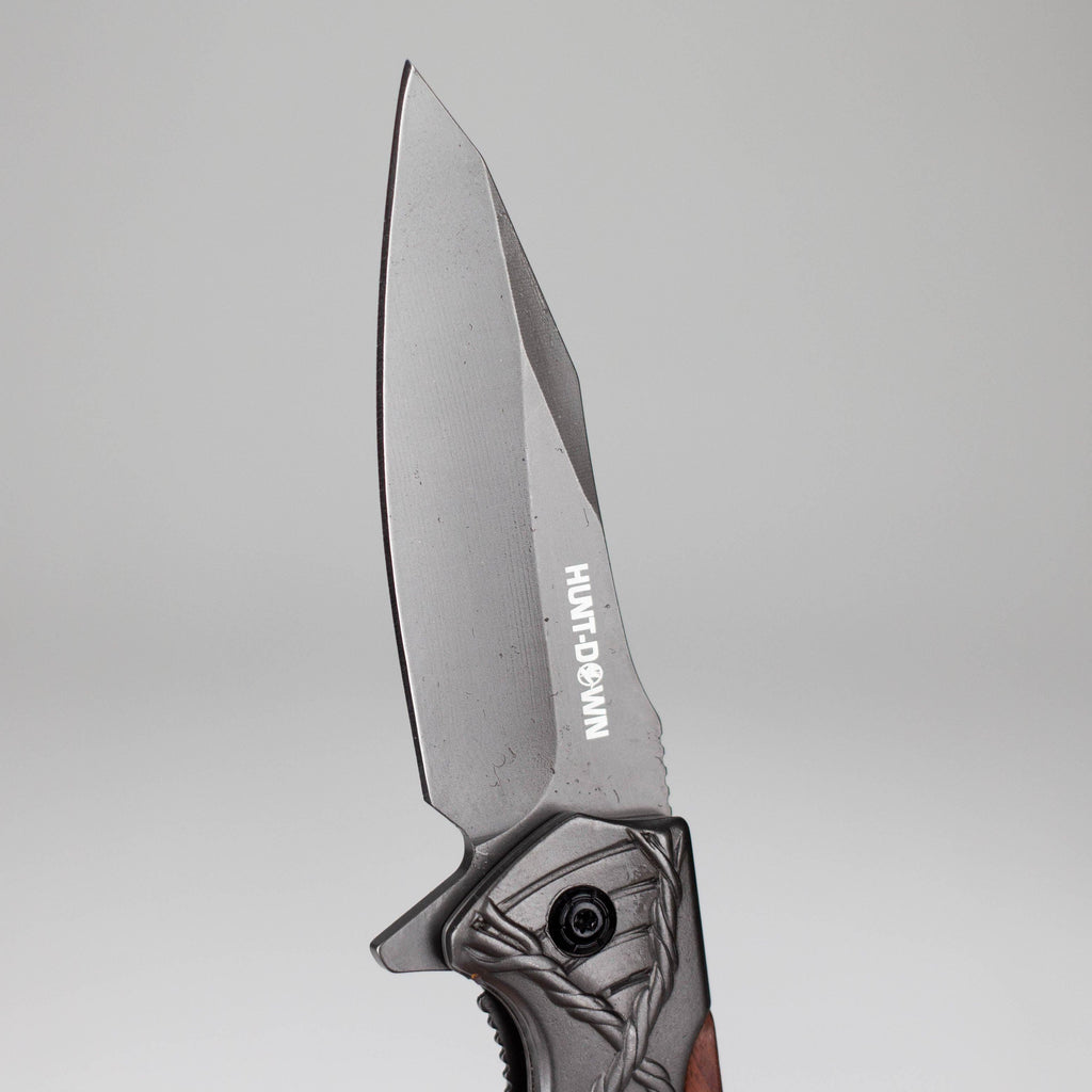 Hunt-Down | 8" Titanium Coated Finish Blade Ball Baring Folding Knife With Leather Sheath [14392]