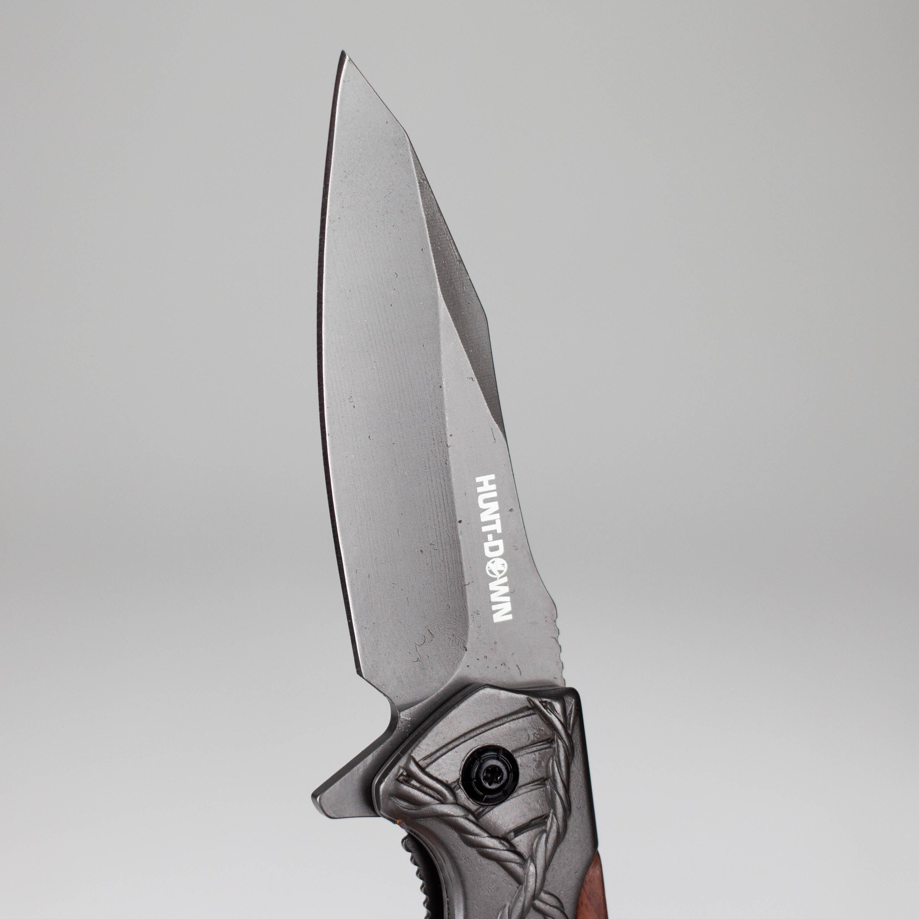 Hunt-Down | 8" Titanium Coated Finish Blade Ball Baring Folding Knife With Leather Sheath [14392]