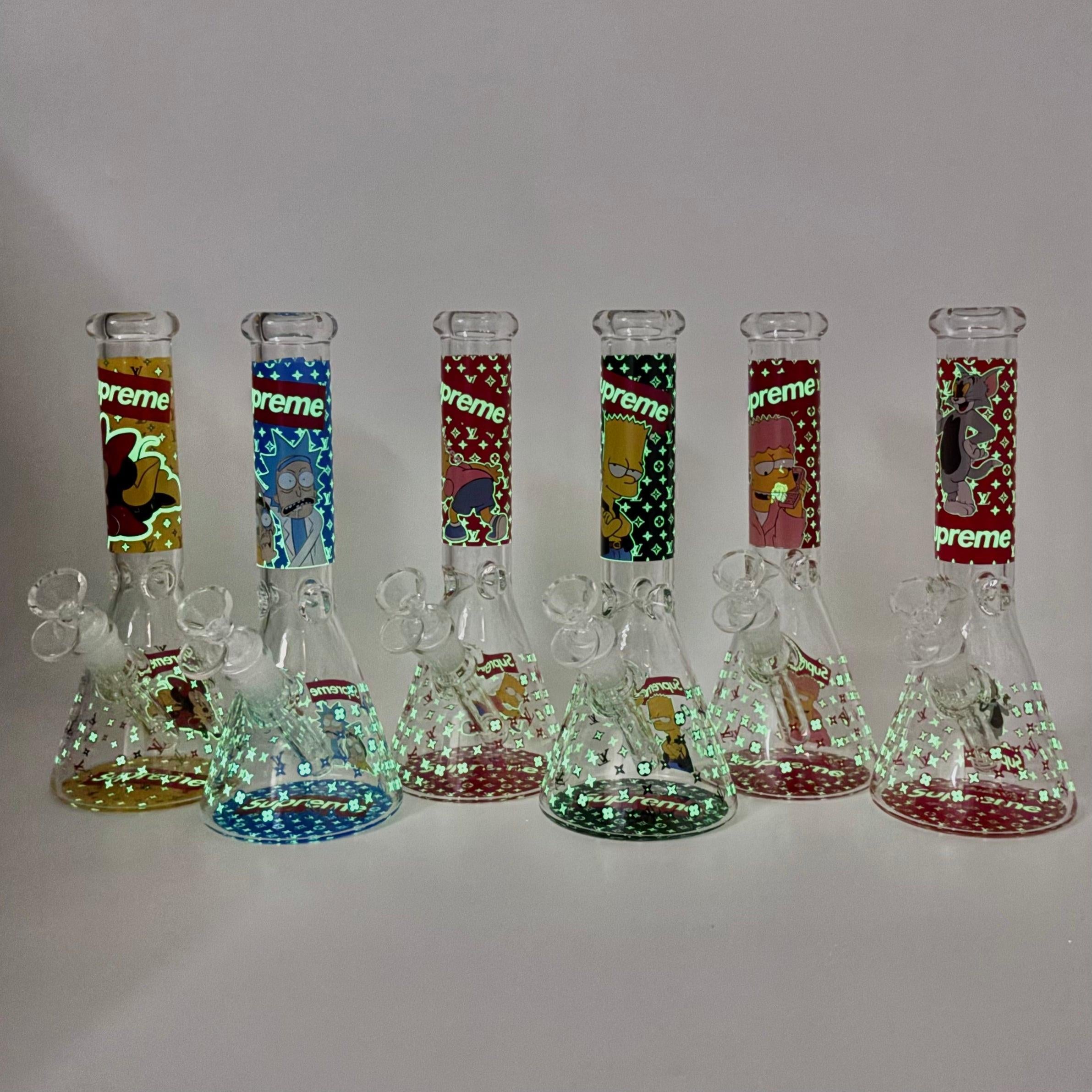 10" Cartoon Glow-in-the-Dark Glass Beaker Bong – 3-Piece Set