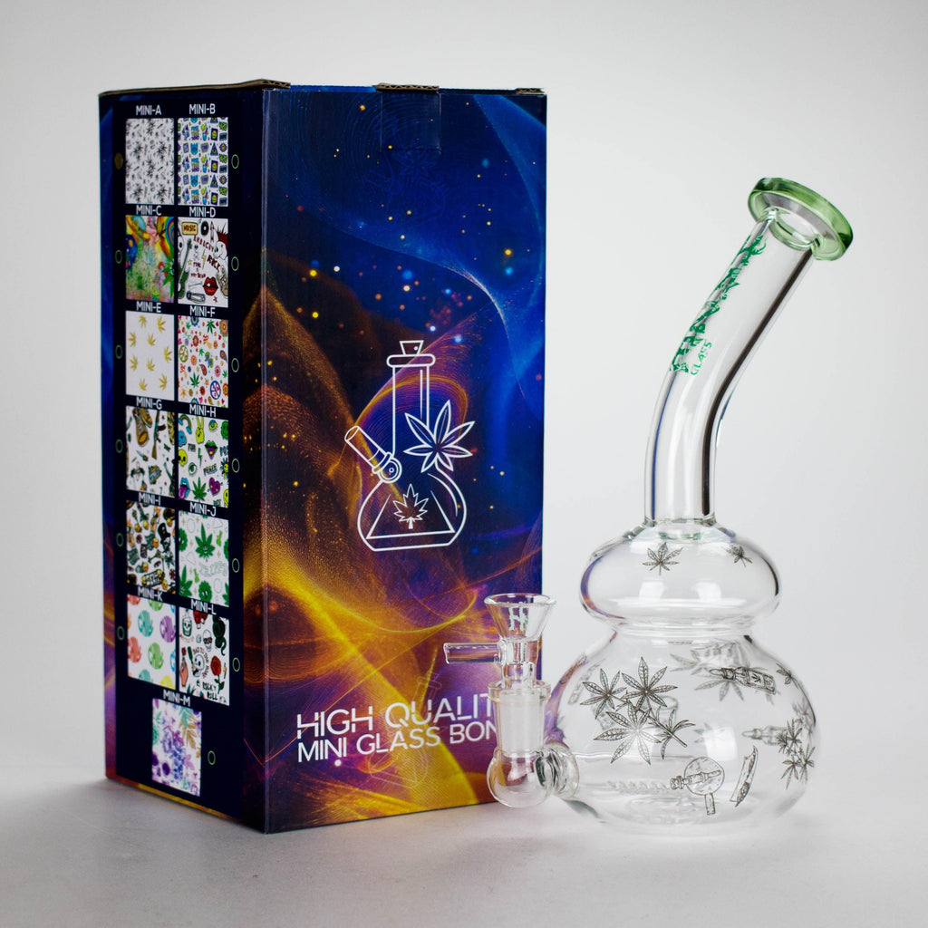 Haze | 9″ Bubble Base Glass Bong – Green Weed Leaf Design (Mini-A)