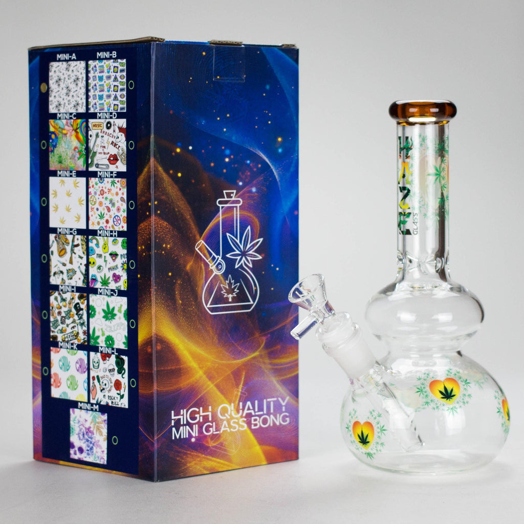 Haze | 9″ Heart Leaf Double Bubble Base Glass Bong with Color Lip – Amber (Mini-U)