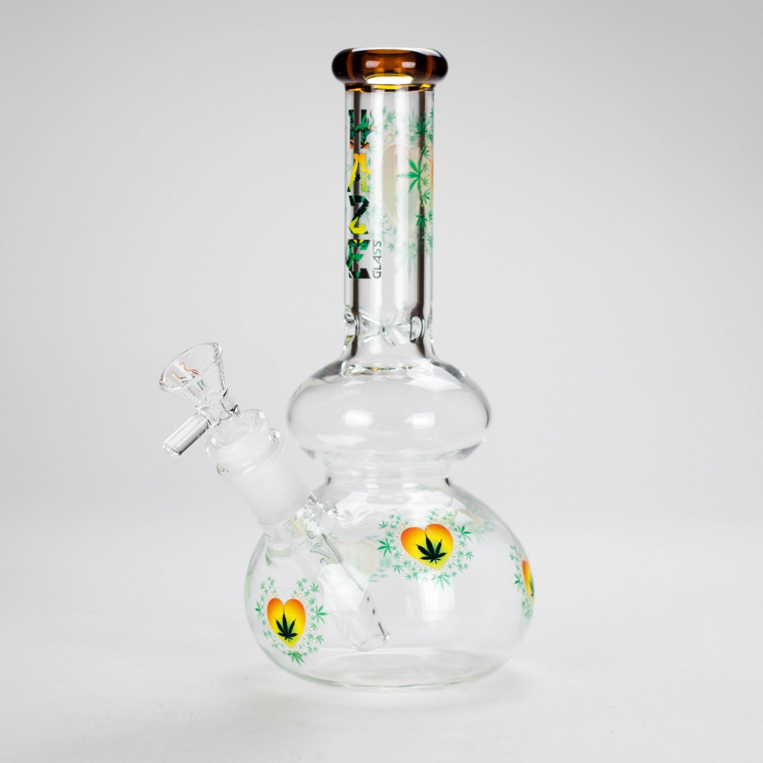 Haze | 9″ Heart Leaf Double Bubble Base Glass Bong with Color Lip – Amber (Mini-U)