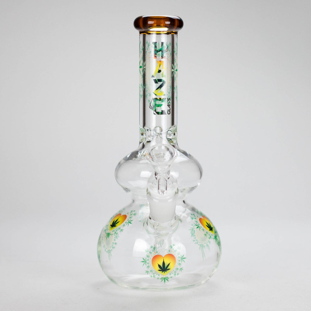 Haze | 9″ Heart Leaf Double Bubble Base Glass Bong with Color Lip – Amber (Mini-U)
