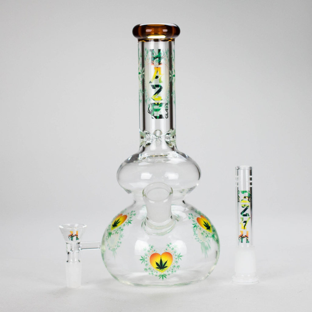 Haze | 9″ Heart Leaf Double Bubble Base Glass Bong with Color Lip – Amber (Mini-U)