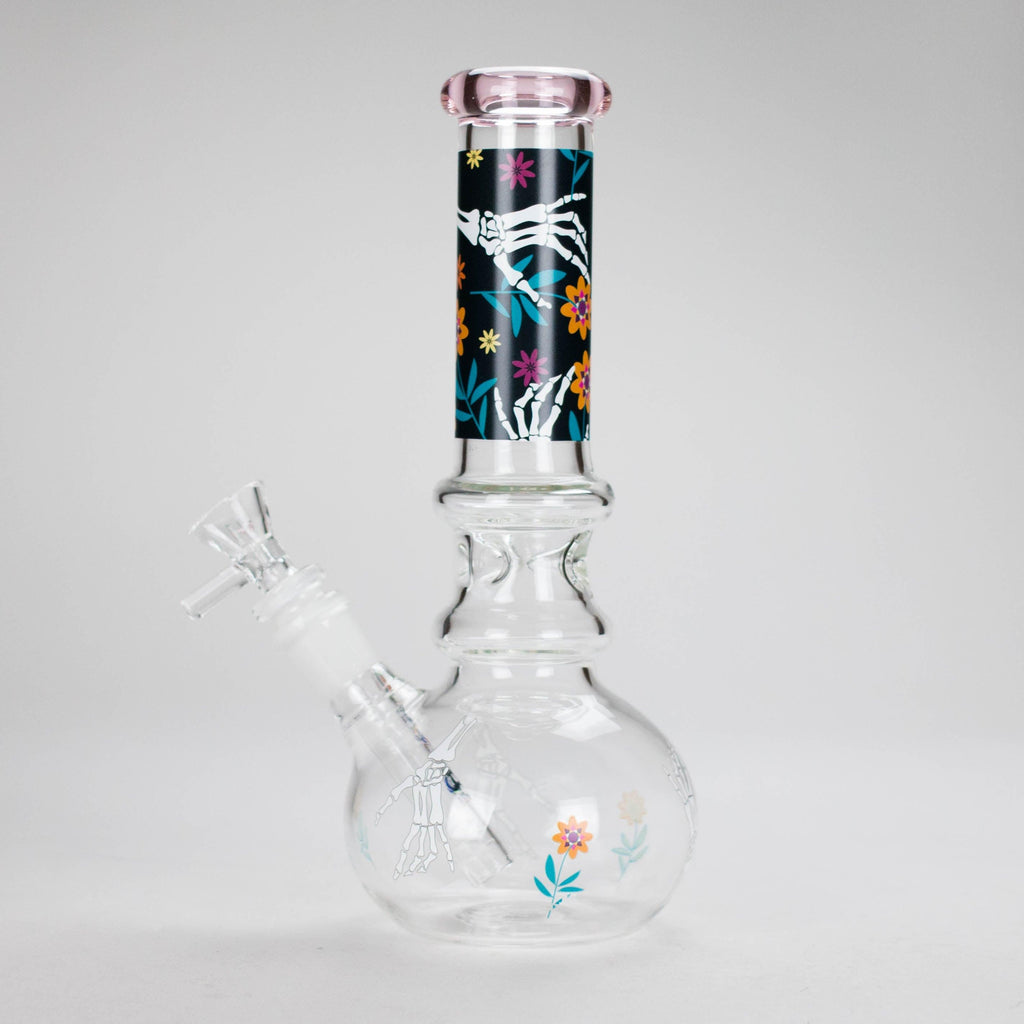 Haze | 9″ Skull Hand & Flower Bubble Base Glass Bong – Pink (Mini-V)