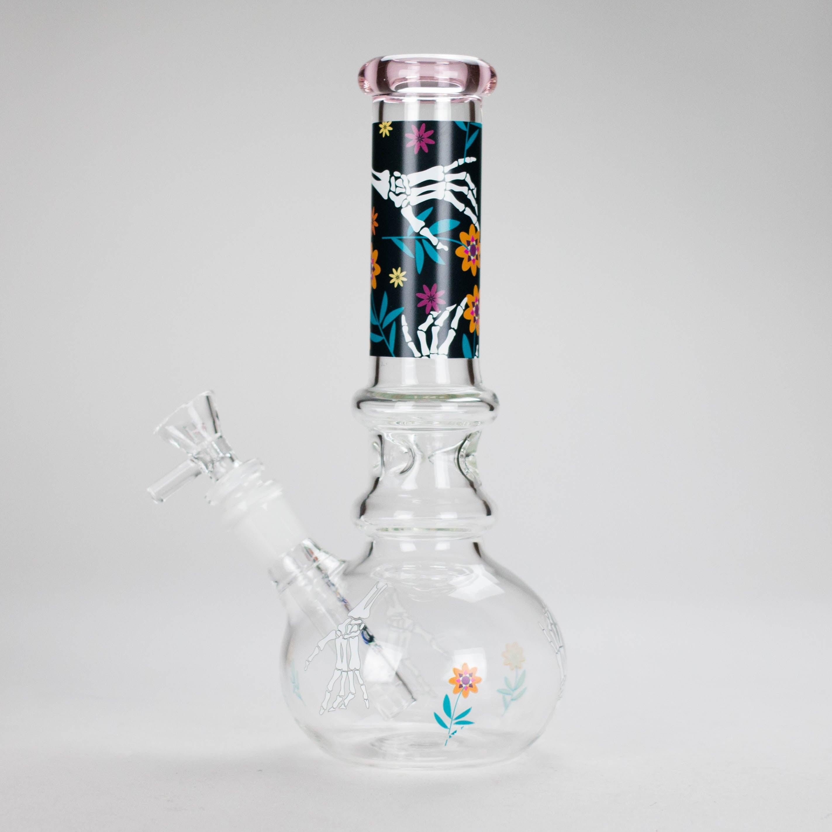 Haze | 9″ Skull Hand & Flower Bubble Base Glass Bong – Pink (Mini-V)