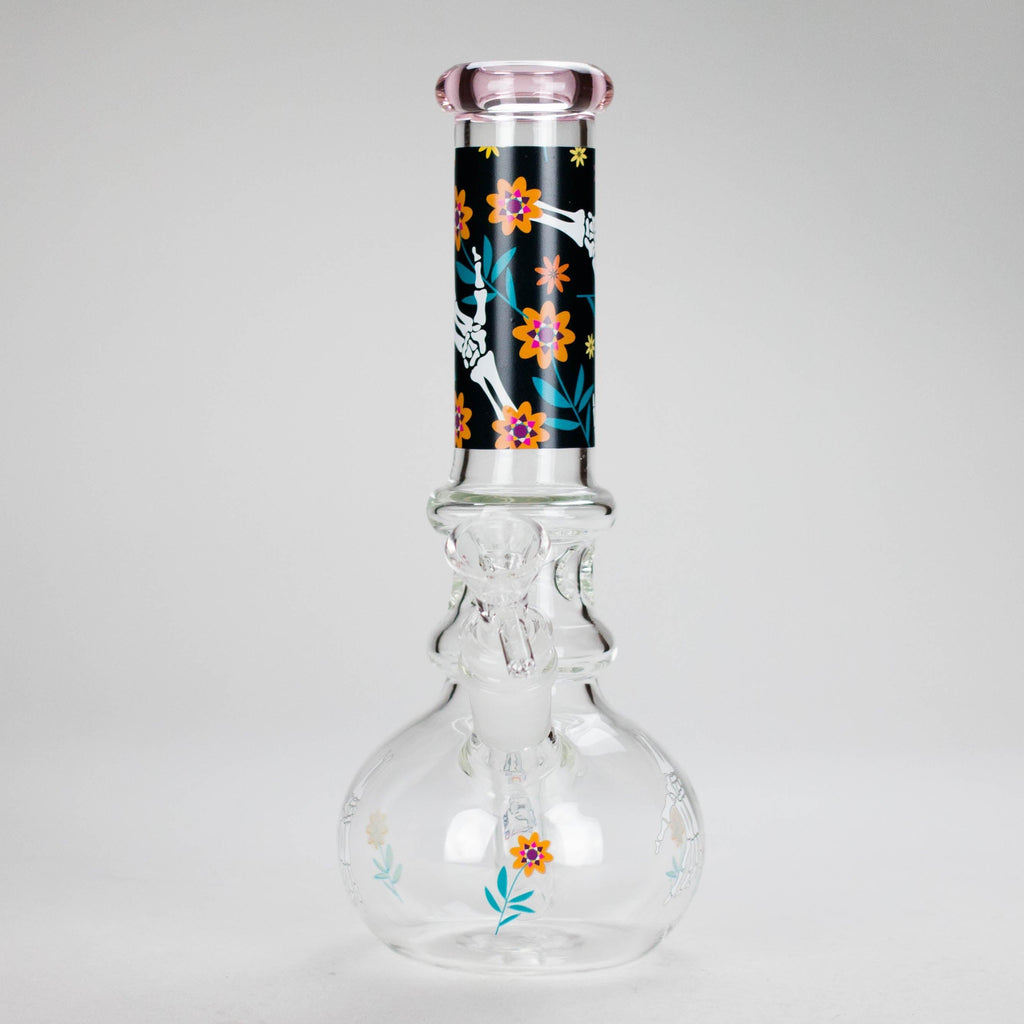 Haze | 9″ Skull Hand & Flower Bubble Base Glass Bong – Pink (Mini-V)