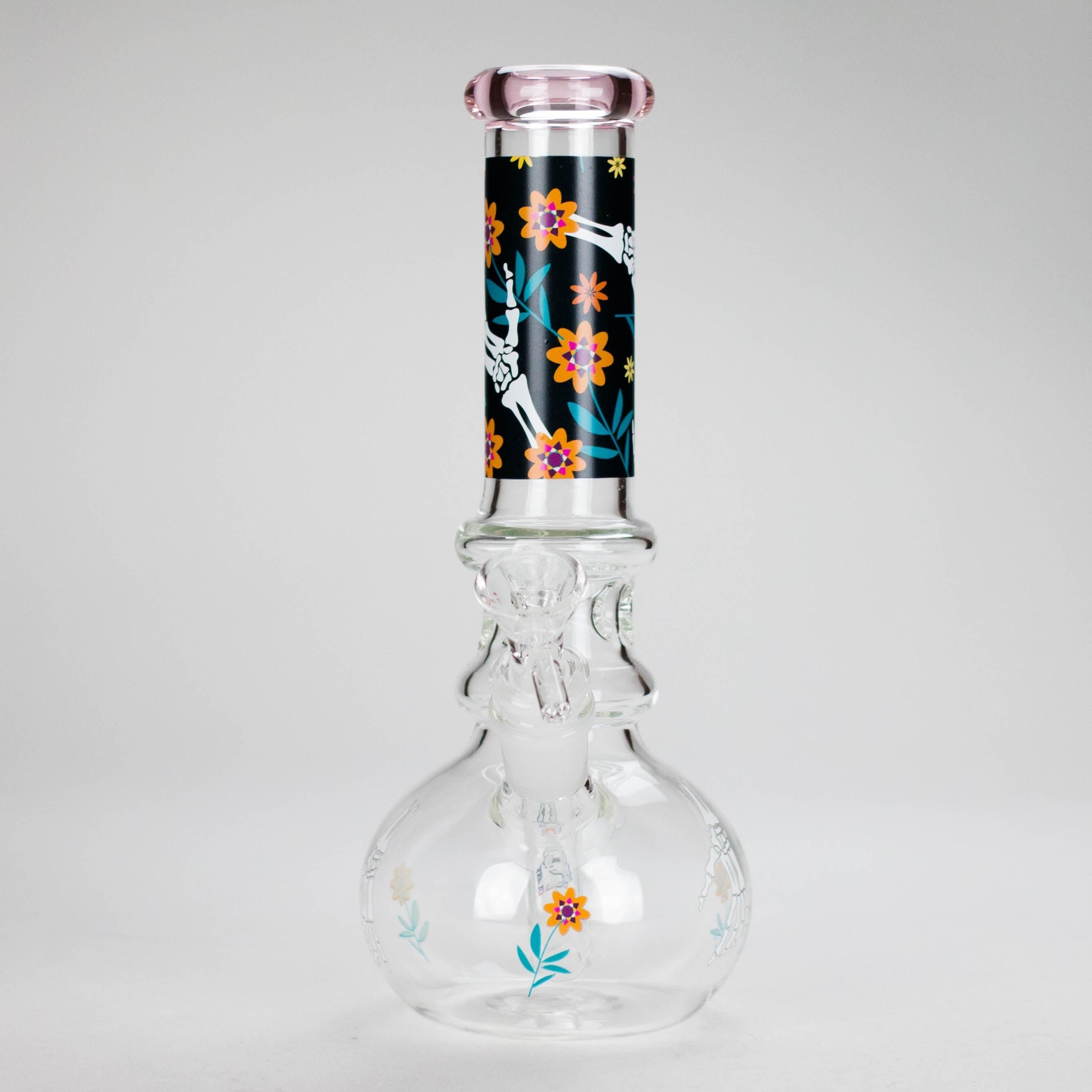 Haze | 9″ Skull Hand & Flower Bubble Base Glass Bong – Pink (Mini-V)