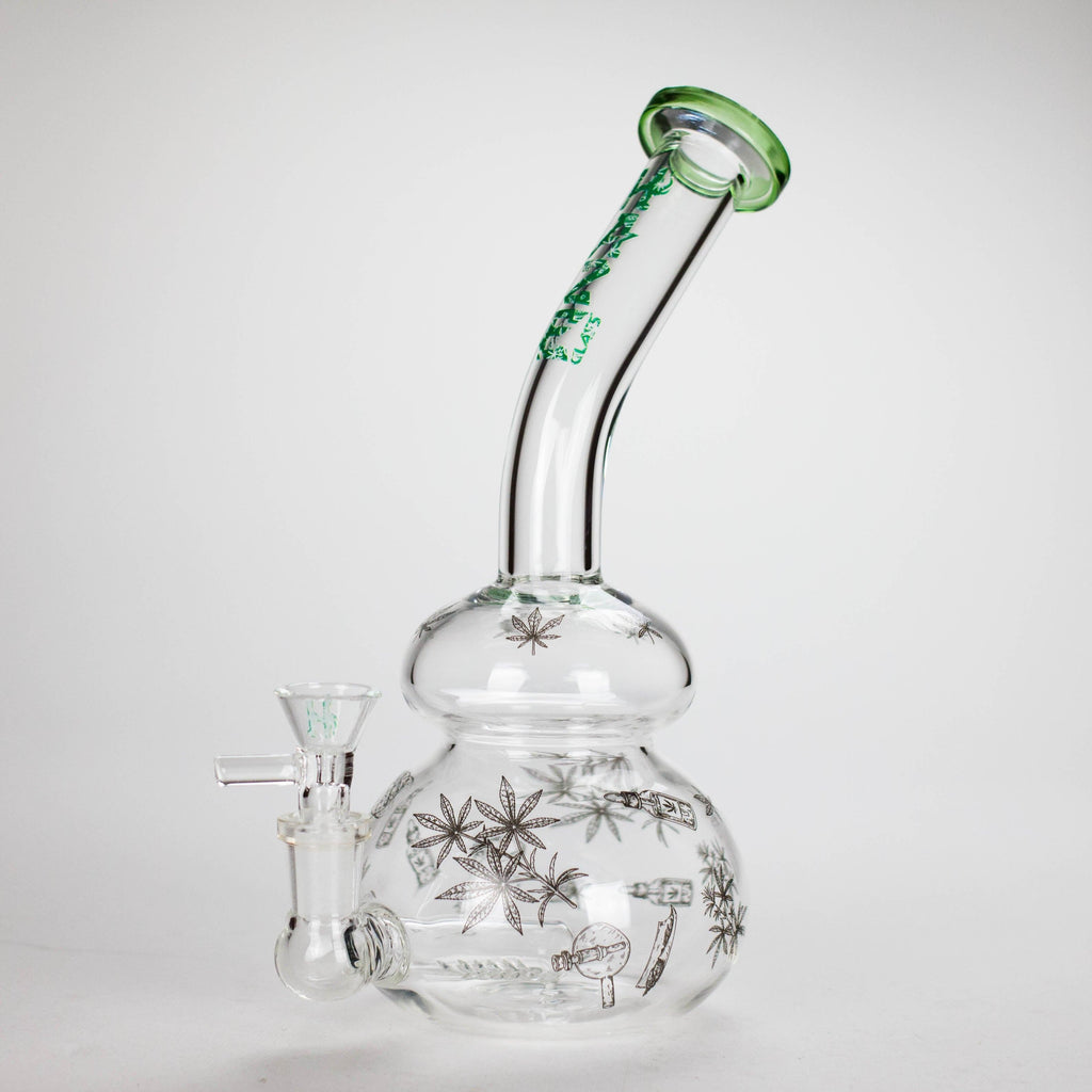 Haze | 9″ Bubble Base Glass Bong – Green Weed Leaf Design (Mini-A)
