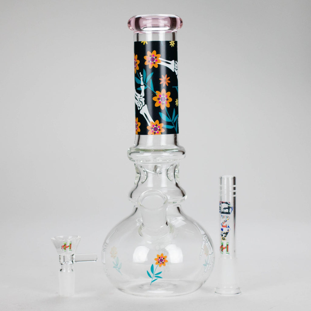 Haze | 9″ Skull Hand & Flower Bubble Base Glass Bong – Pink (Mini-V)