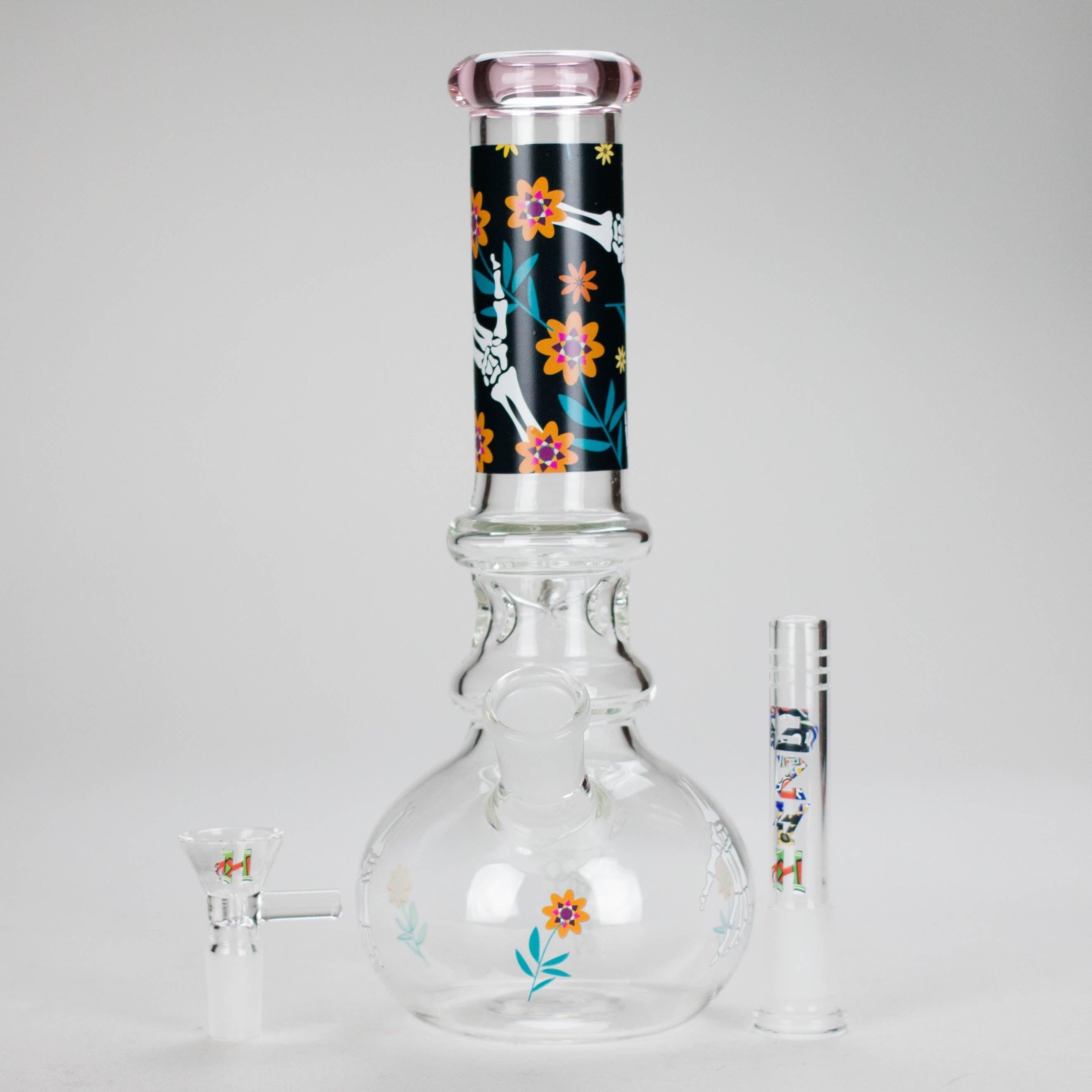 Haze | 9″ Skull Hand & Flower Bubble Base Glass Bong – Pink (Mini-V)