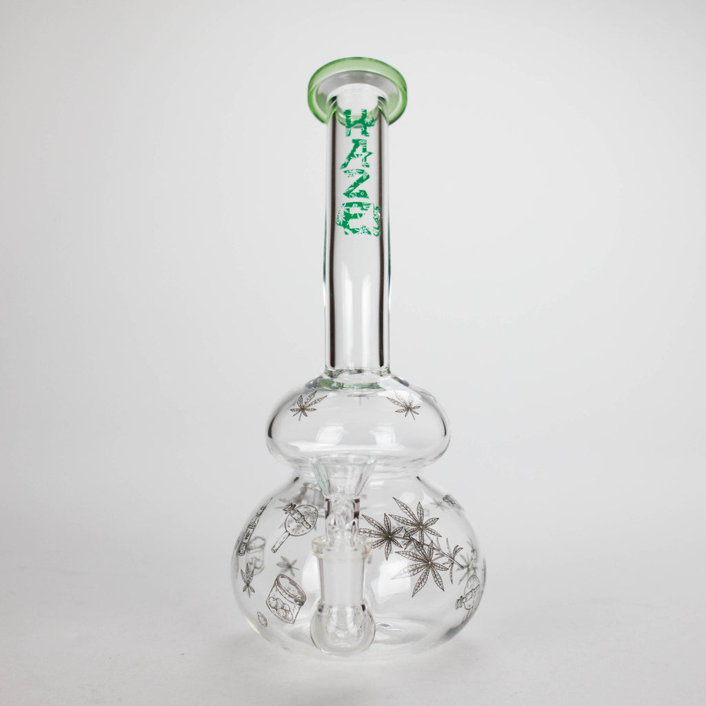 Haze | 9″ Bubble Base Glass Bong – Green Weed Leaf Design (Mini-A)