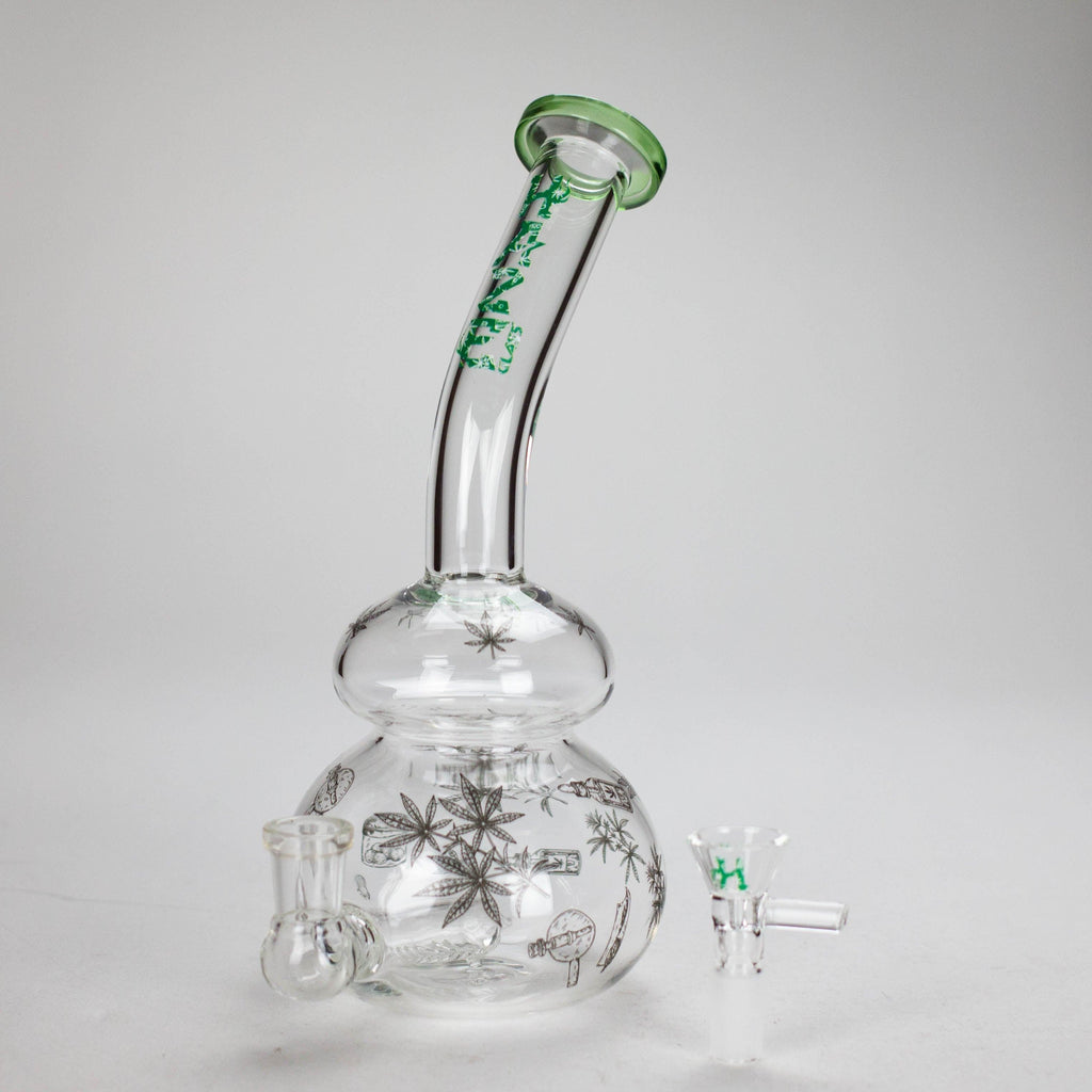 Haze | 9″ Bubble Base Glass Bong – Green Weed Leaf Design (Mini-A)