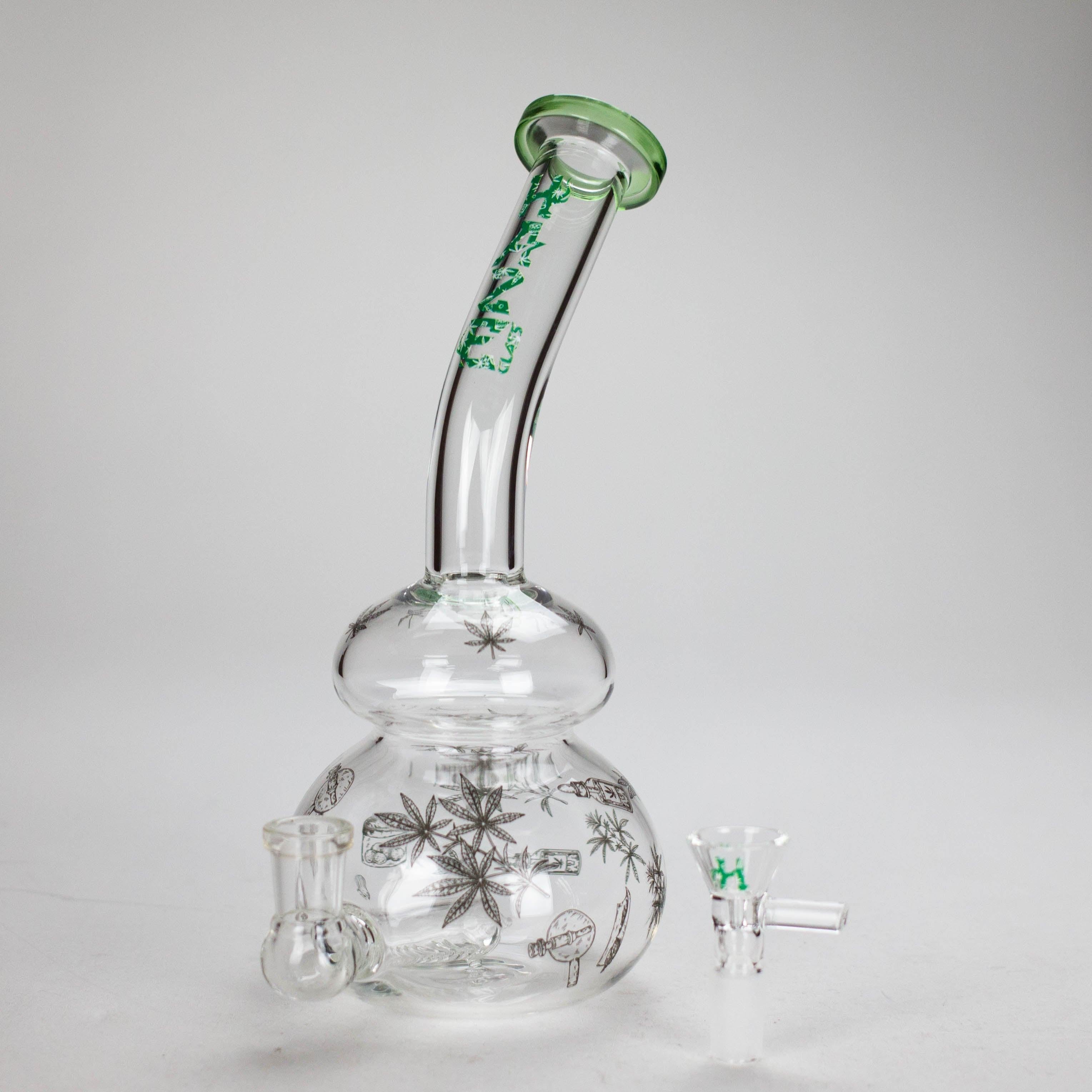 Haze | 9″ Bubble Base Glass Bong – Green Weed Leaf Design (Mini-A)