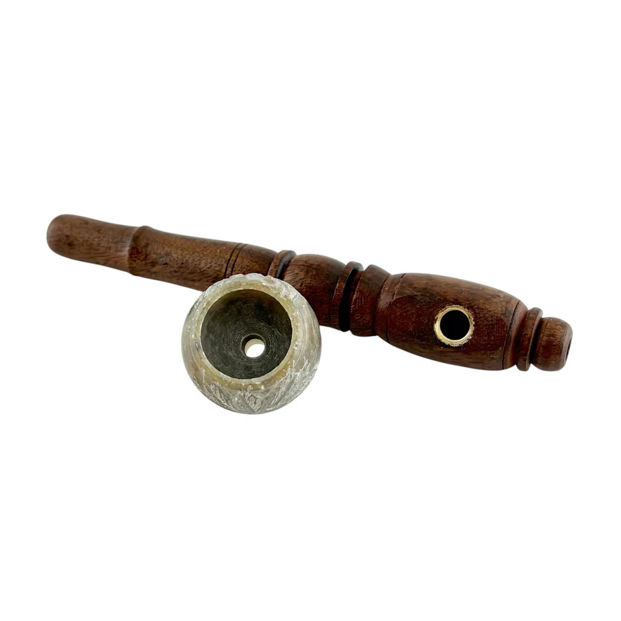 5" Wooden Pipe With Marble Bowl - Classic Long-Style Design-2CT