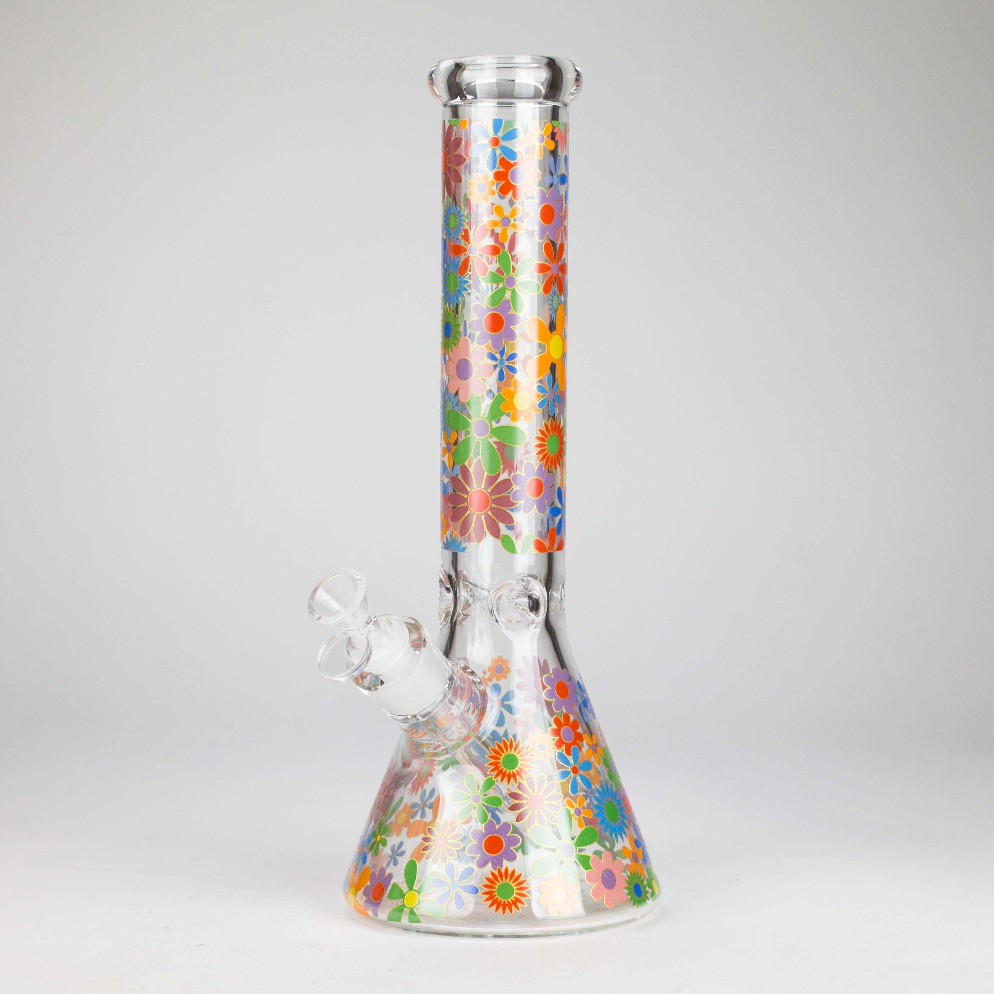 14″ 7mm Glass Beaker Bong with Assorted Flower Design & Ice Catcher