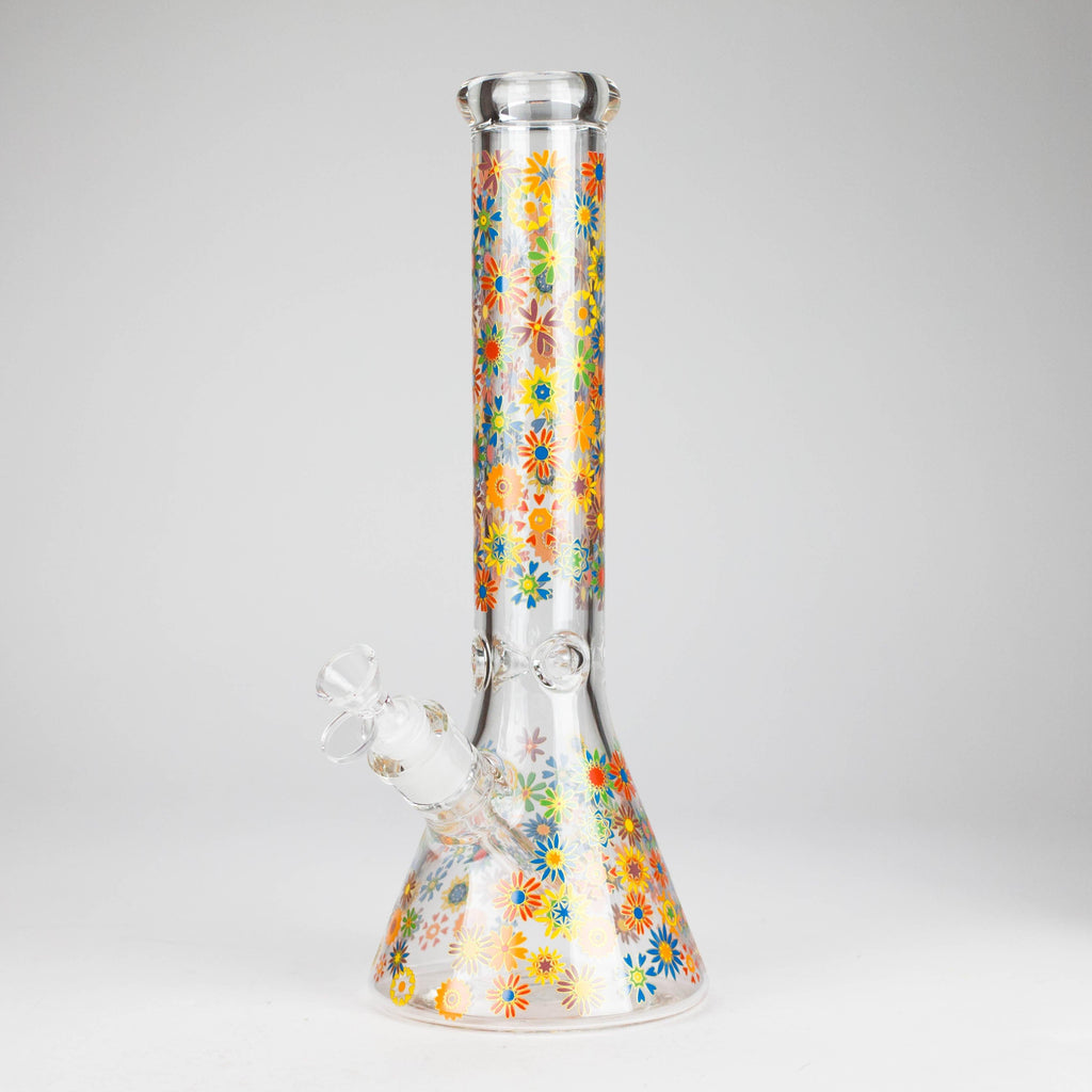 14″ 7mm Glass Beaker Bong with Assorted Flower Design & Ice Catcher