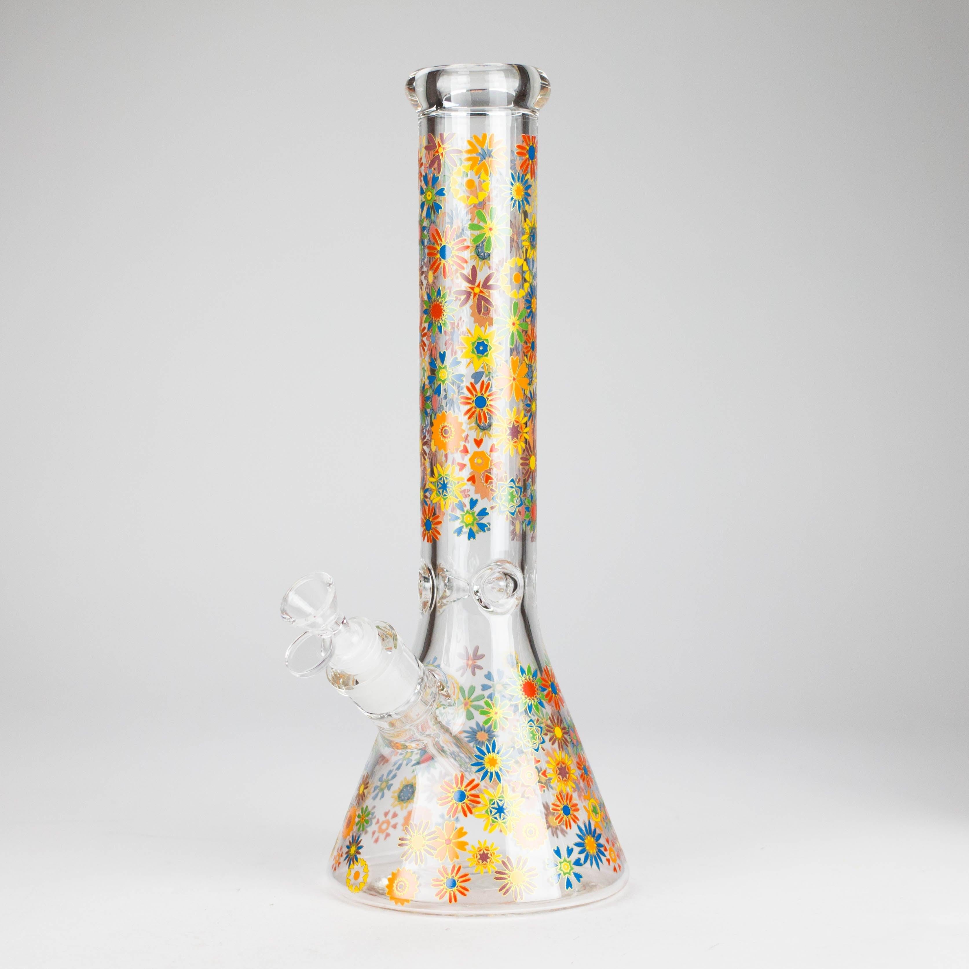 14″ 7mm Glass Beaker Bong with Assorted Flower Design & Ice Catcher