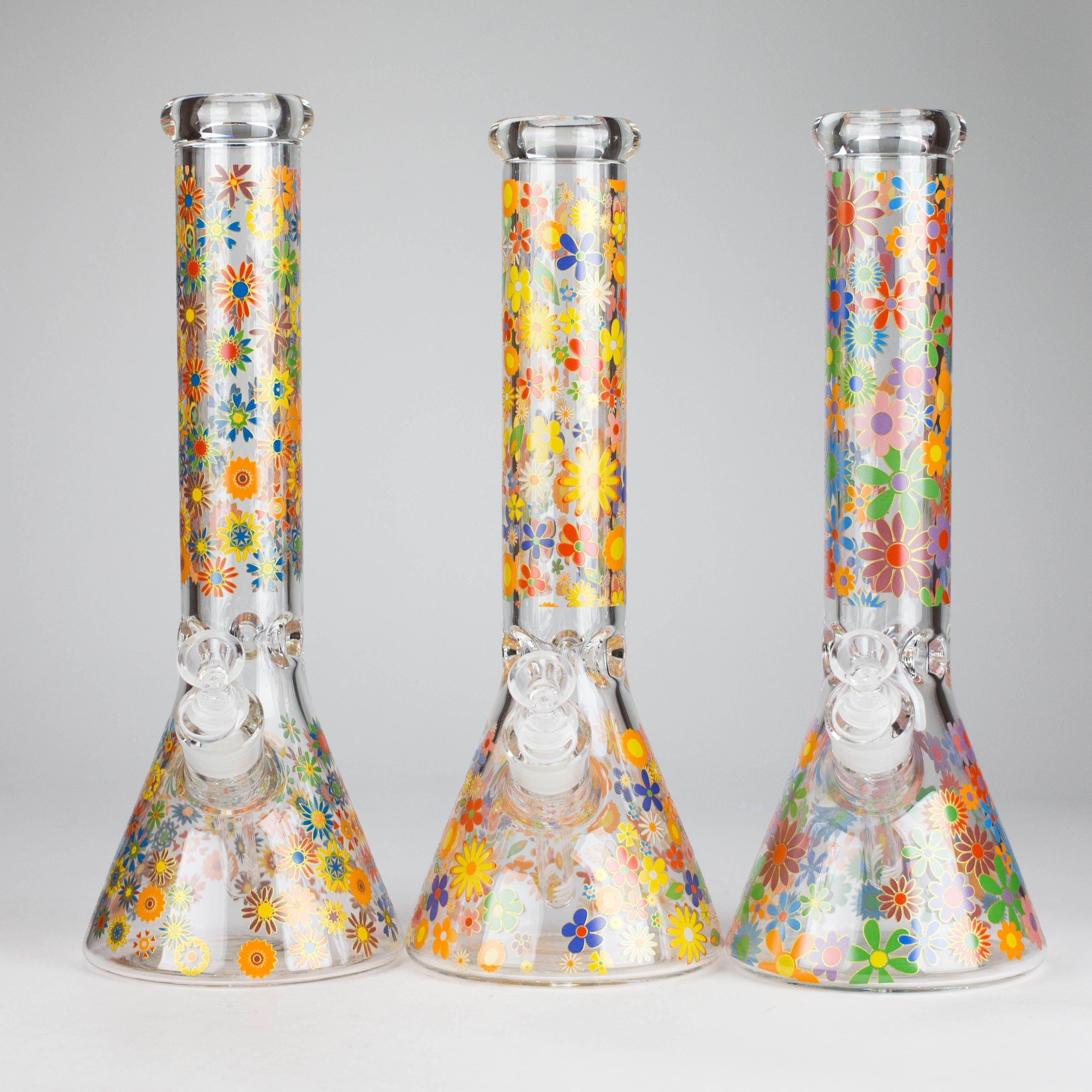 14″ 7mm Glass Beaker Bong with Assorted Flower Design & Ice Catcher Main image