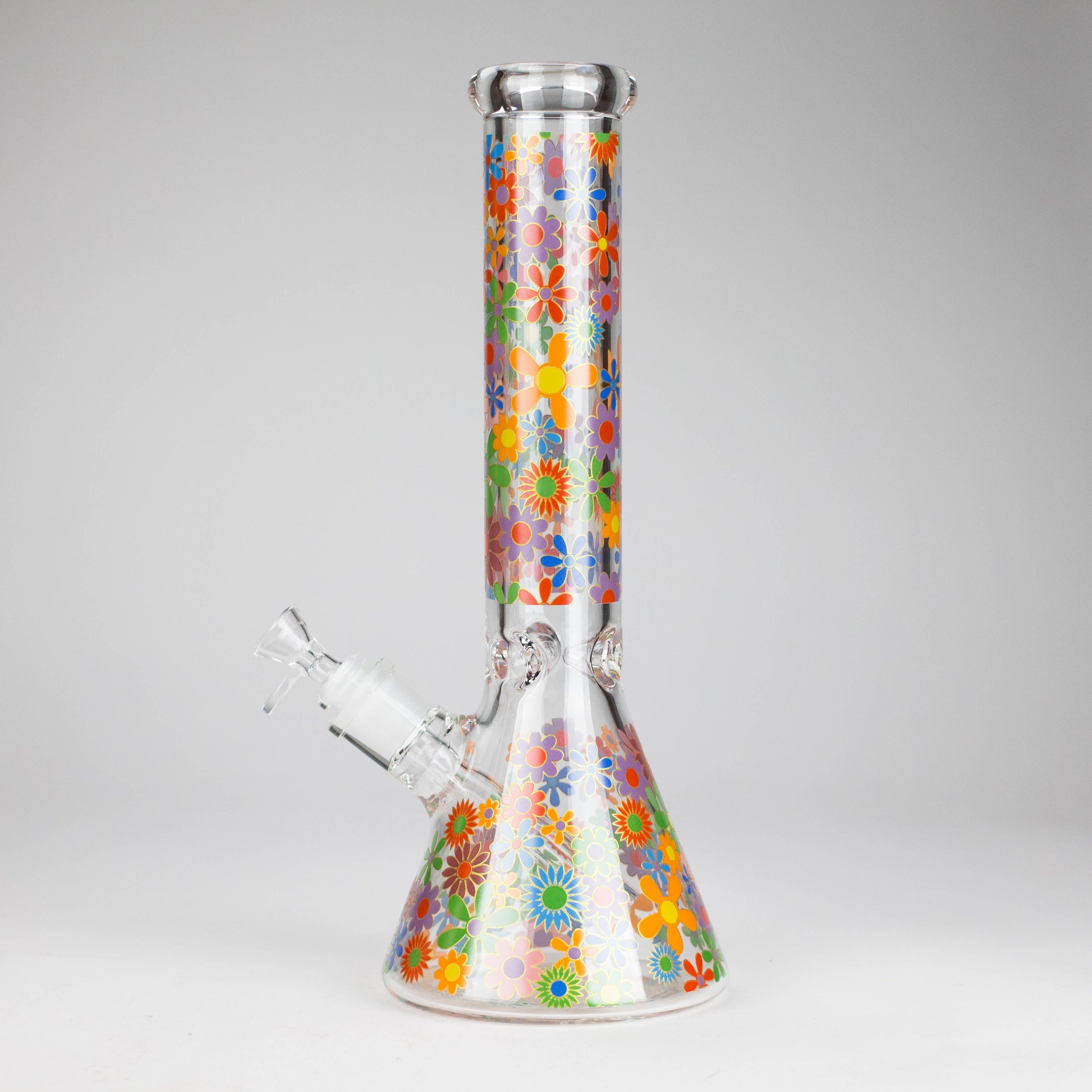 14″ 7mm Glass Beaker Bong with Assorted Flower Design & Ice Catcher