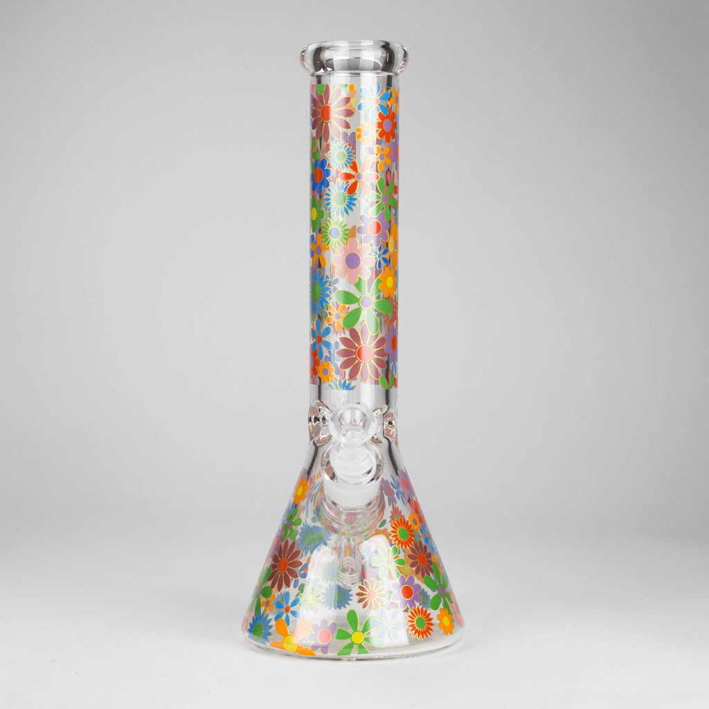 14″ 7mm Glass Beaker Bong with Assorted Flower Design & Ice Catcher