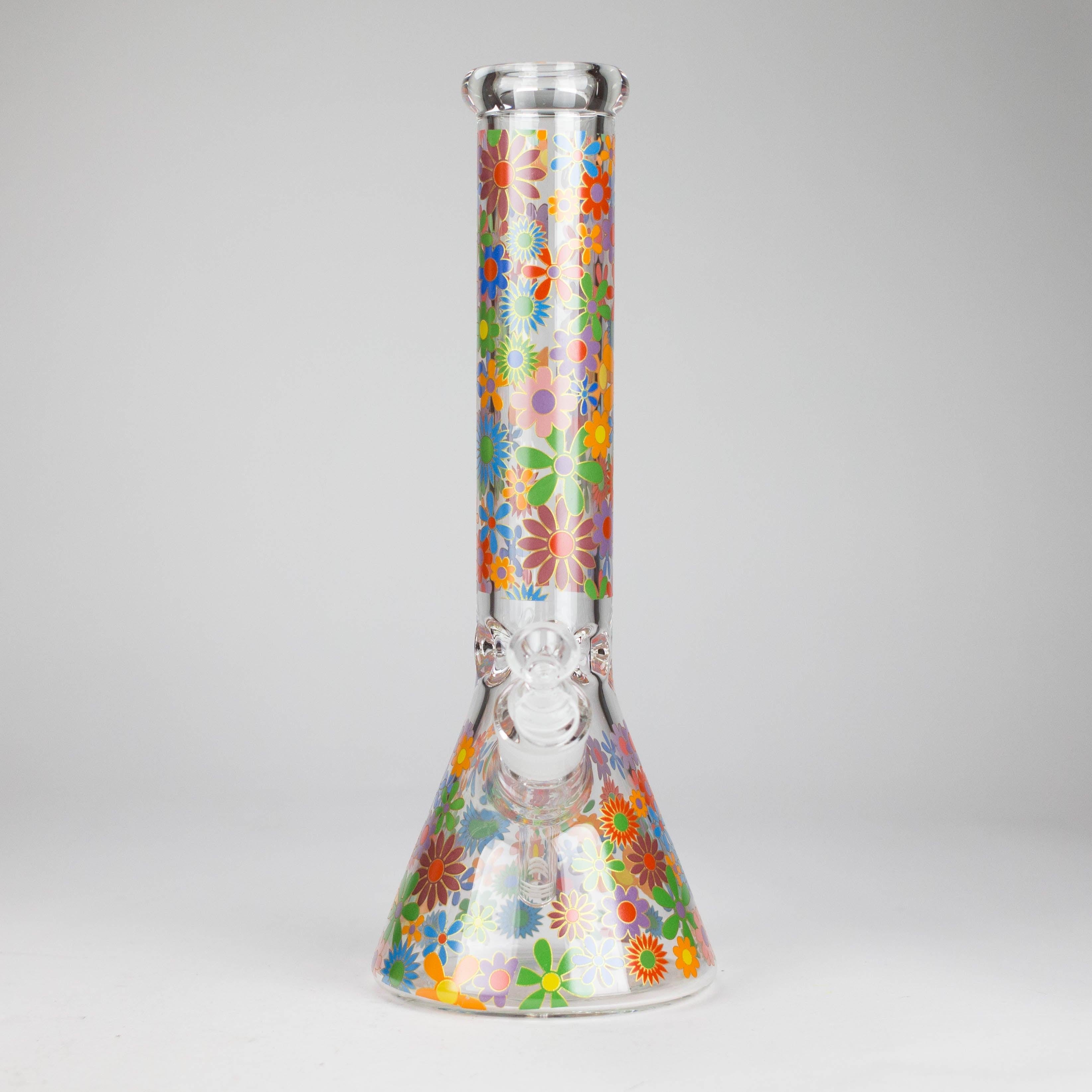14″ 7mm Glass Beaker Bong with Assorted Flower Design & Ice Catcher