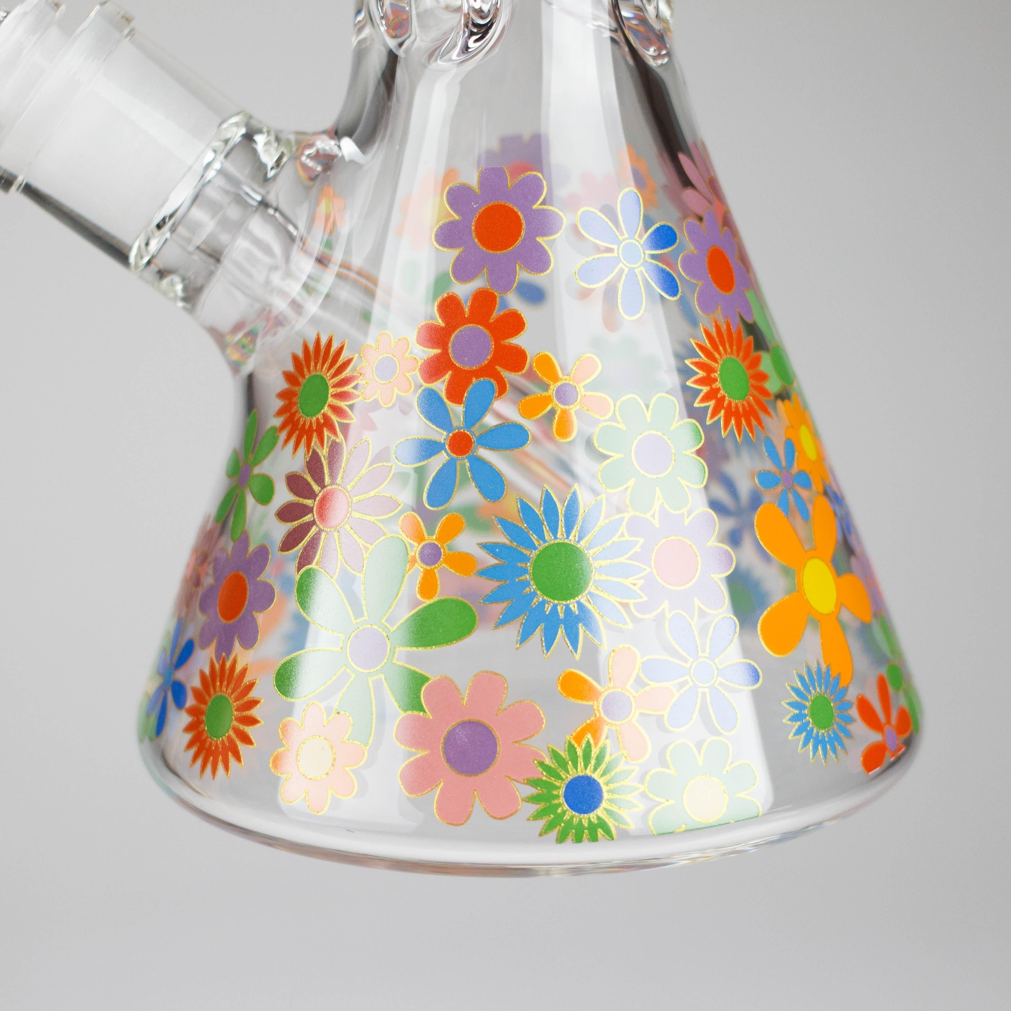 14″ 7mm Glass Beaker Bong with Assorted Flower Design & Ice Catcher