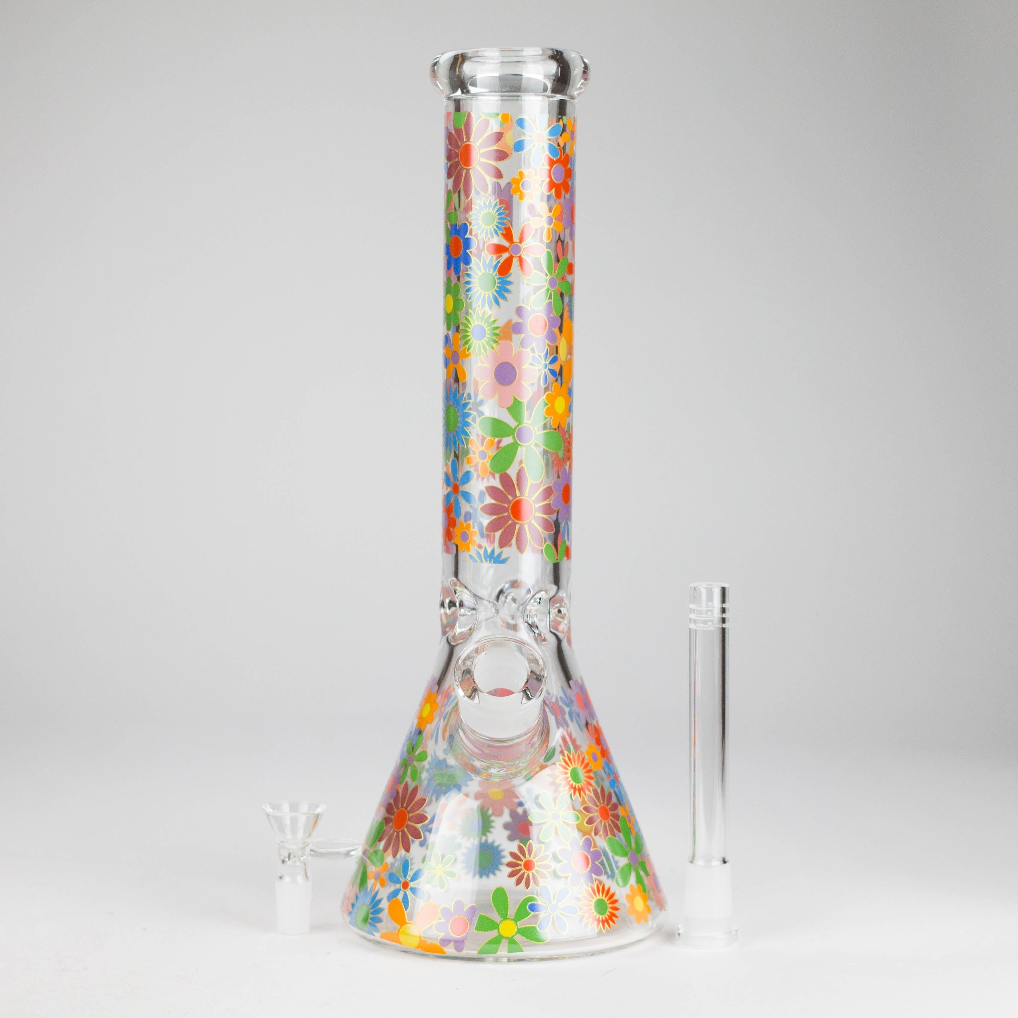 14″ 7mm Glass Beaker Bong with Assorted Flower Design & Ice Catcher