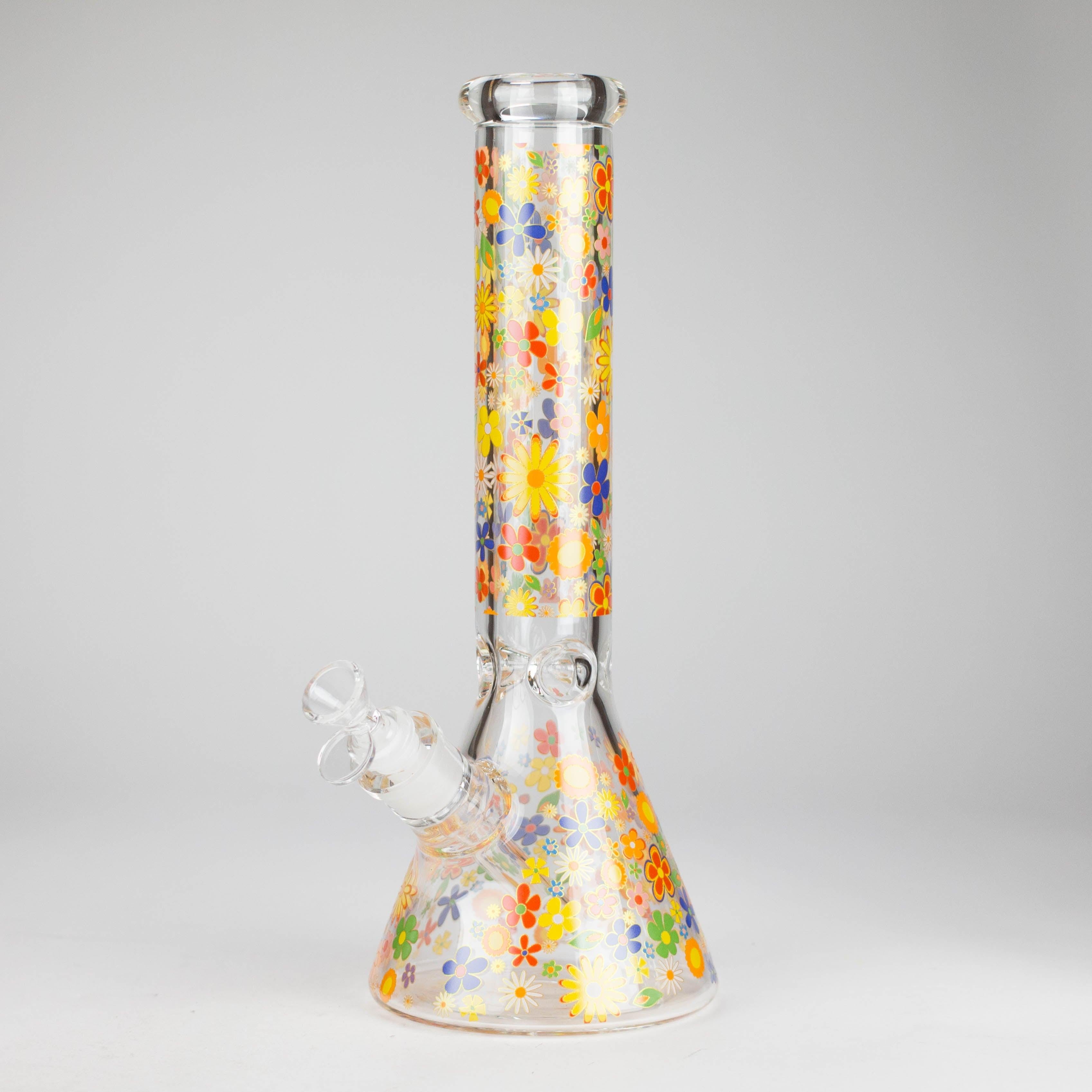14″ 7mm Glass Beaker Bong with Assorted Flower Design & Ice Catcher Secondary image