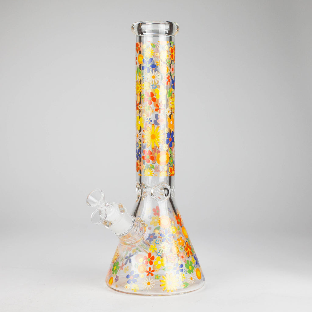 14″ 7mm Glass Beaker Bong with Assorted Flower Design & Ice Catcher