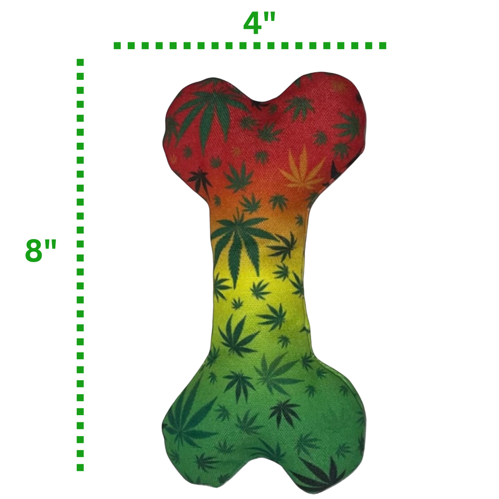Stoned to da Bone, Rasta Marijuana Leaf Patten - Squeaky Bone Dog Toy - 8"