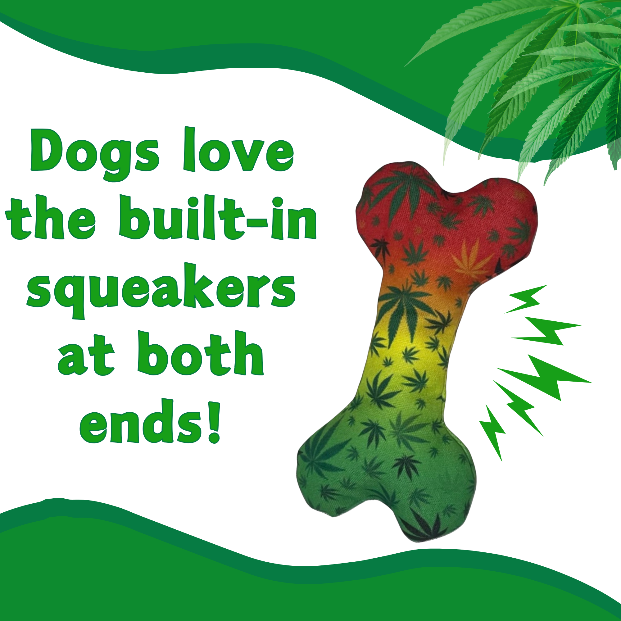 Stoned to da Bone, Rasta Marijuana Leaf Patten - Squeaky Bone Dog Toy - 8"