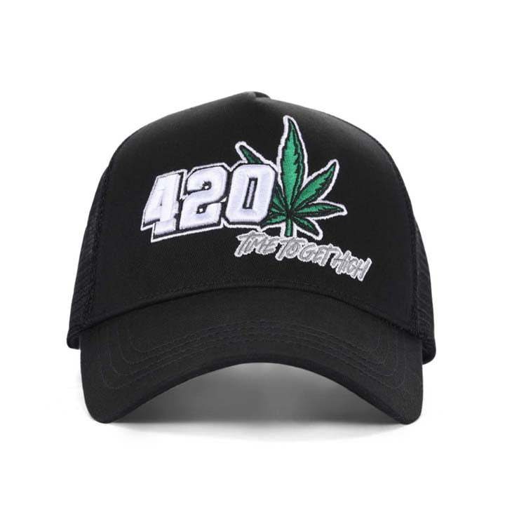 High-Crown 5-Panel “420” Embroidered Cap - Black