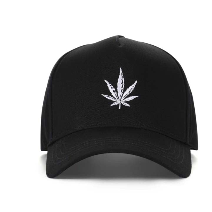 High-Crown 5-Panel Embroidered Leaf Cap-Black