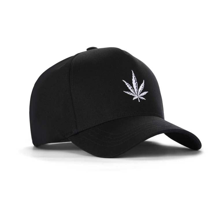 High-Crown 5-Panel Embroidered Leaf Cap-Black