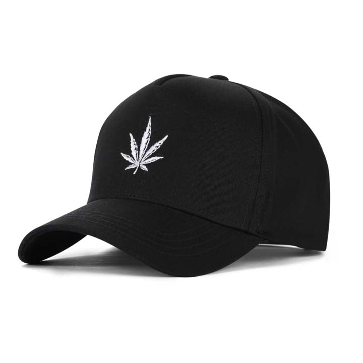 High-Crown 5-Panel Embroidered Leaf Cap-Black