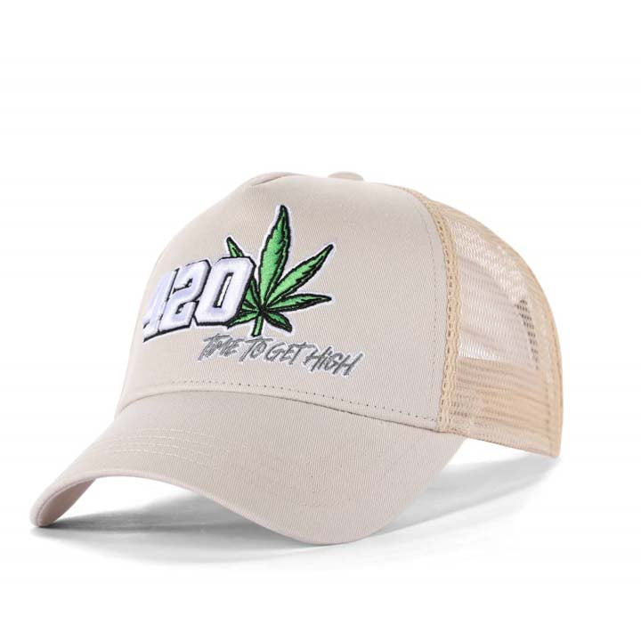 High-Crown 5-Panel “420” Embroidered Cap - Beige