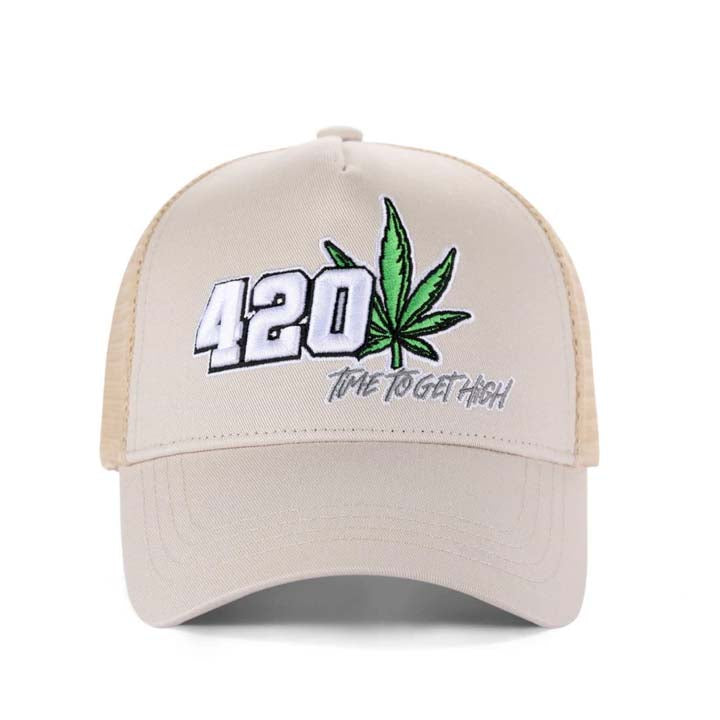 High-Crown 5-Panel “420” Embroidered Cap - Beige