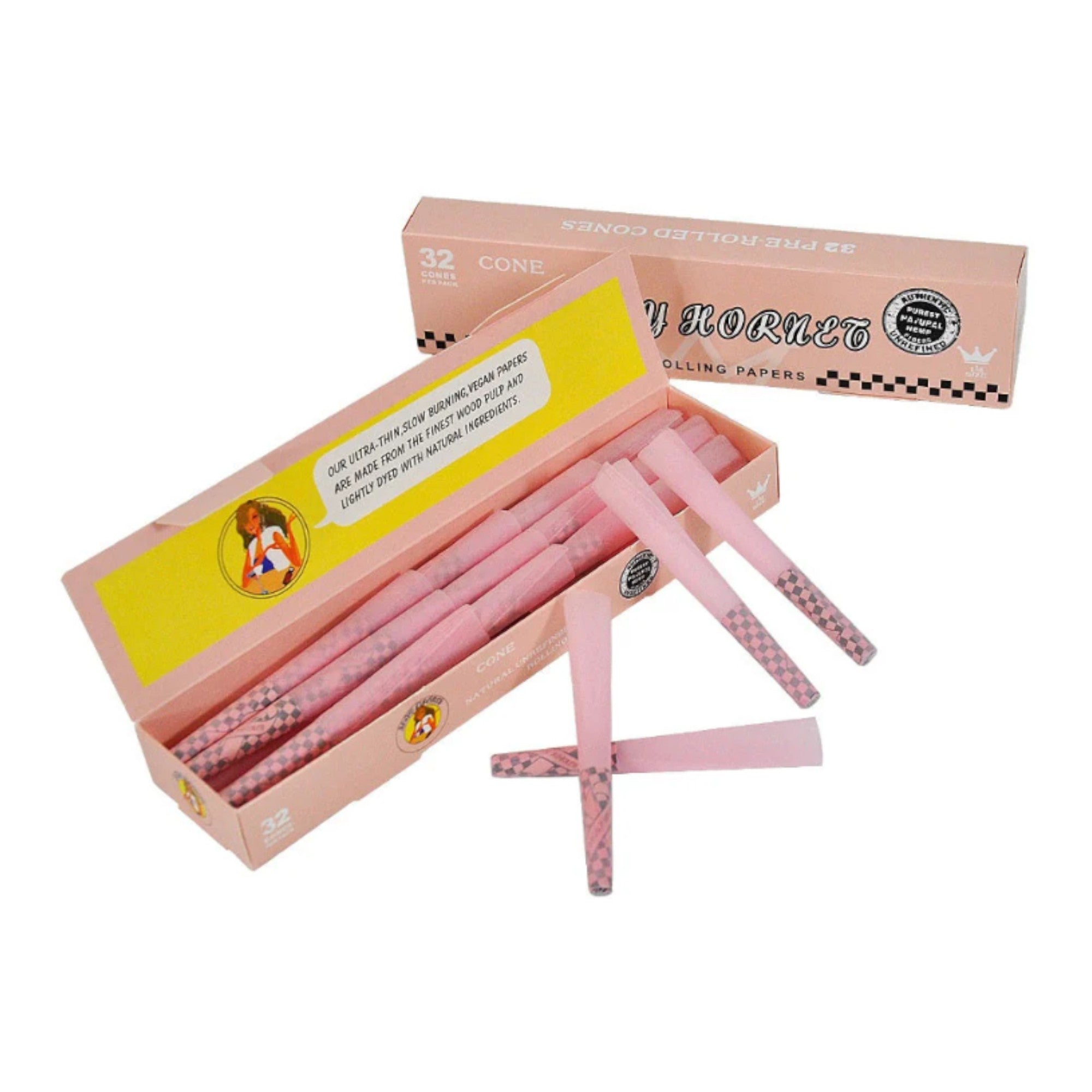 Lady Hornet Pink Pre-Rolled Cones – 78mm | Natural Unrefined Rolling Papers - 32 packs Main image