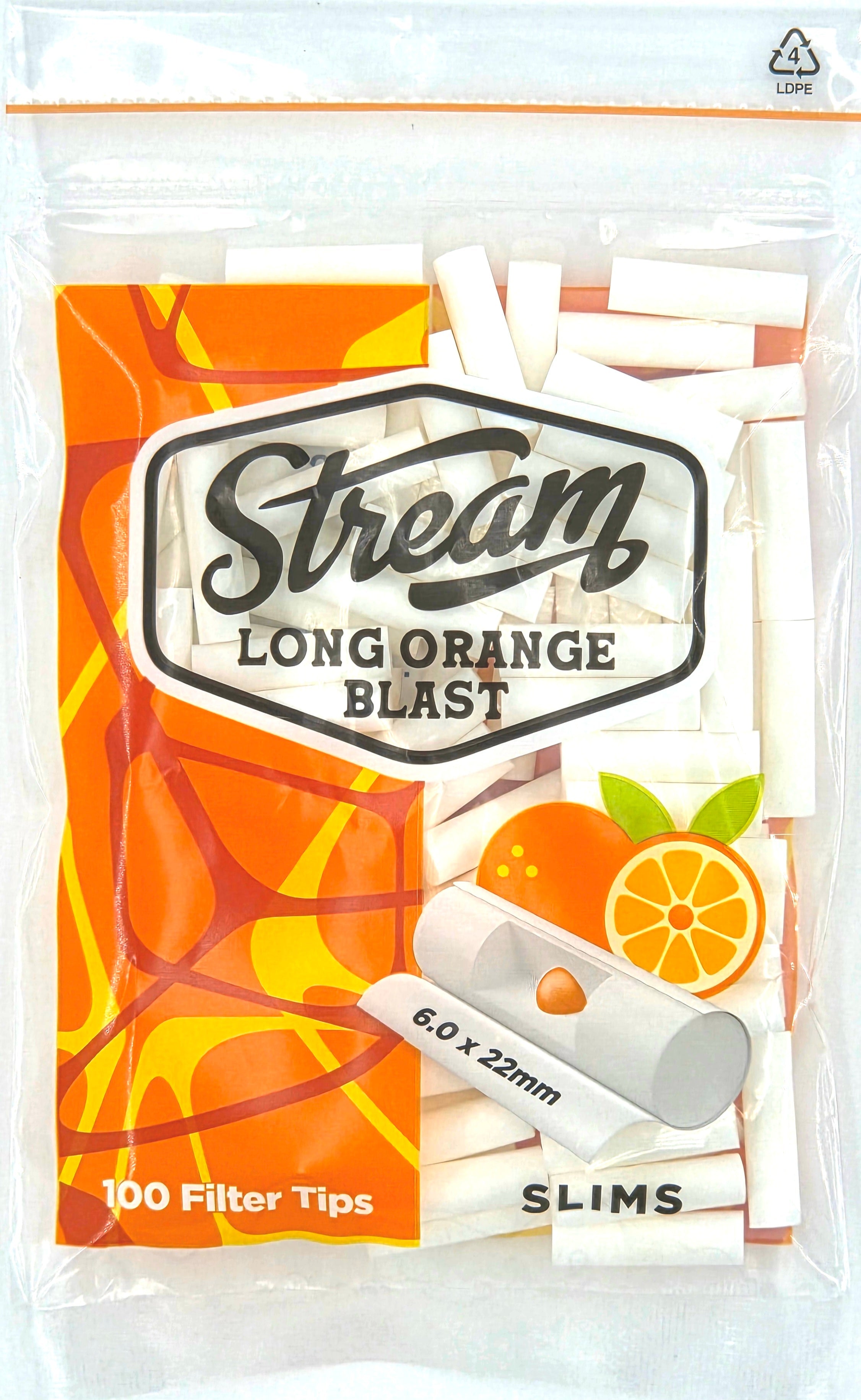 STREAM | Slims Long Orange Blast RYO Filters Display Carton - 10 Bags (Orange Capsule Type) Secondary image
