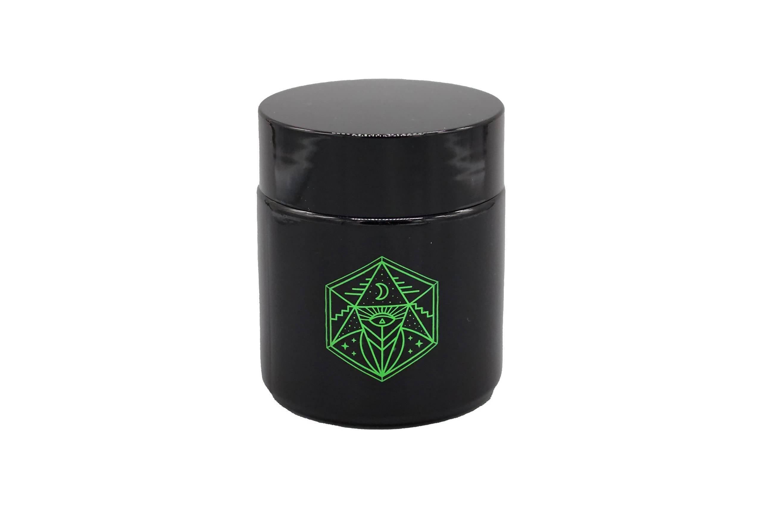 Small Glass Storage Jar and Lid - Real Printed Artwork - UV Protection - Helps Keep Goods Fresh with Light Protection- Tinted Black - 100 ml - Ancient Symbol Design - Accessories By Leaf-Way Brand Main image