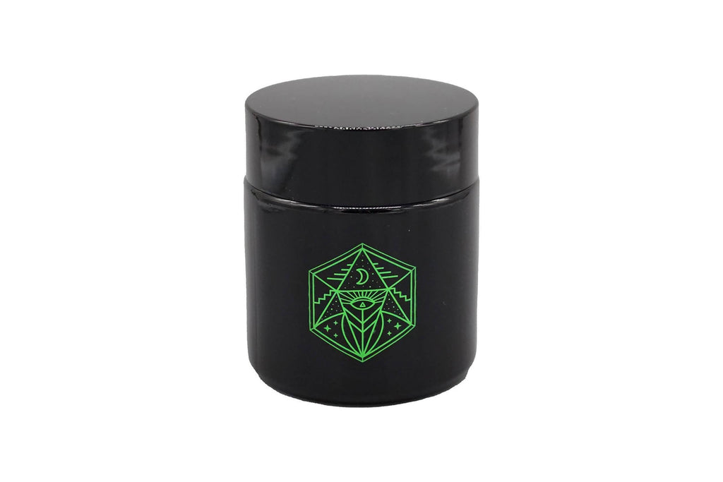 Small Glass Storage Jar and Lid - Real Printed Artwork - UV Protection - Helps Keep Goods Fresh with Light Protection- Tinted Black - 100 ml - Ancient Symbol Design - Accessories By Leaf-Way Brand