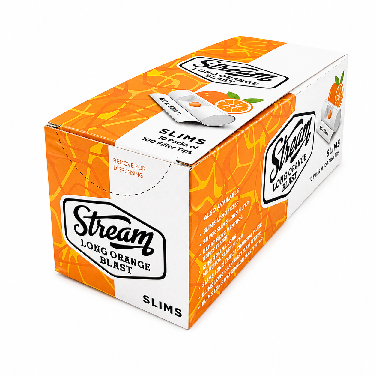 STREAM | Slims Long Orange Blast RYO Filters Display Carton - 10 Bags (Orange Capsule Type) Main image