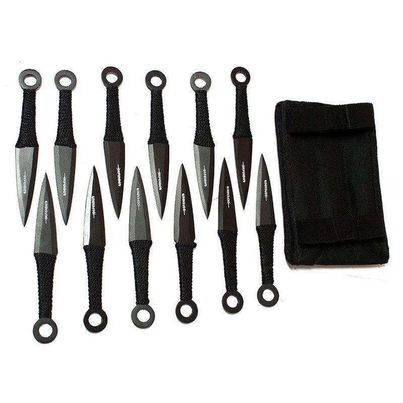 6" Black Throwing Knives with Black Handle & Sheath Set of 12 [6233] Main image
