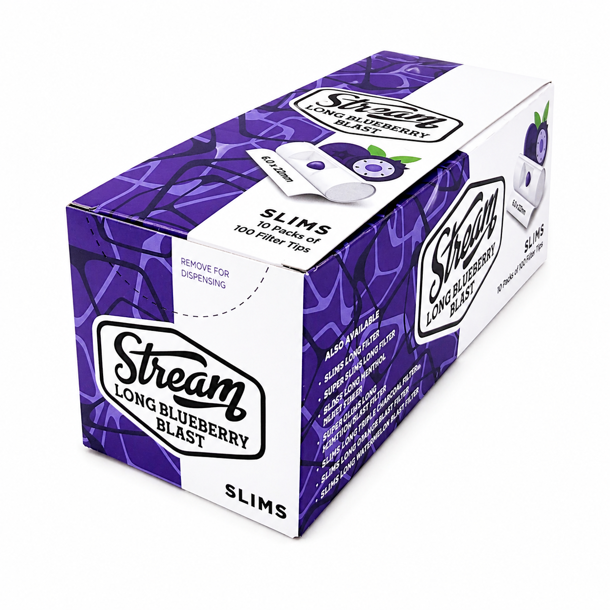 STREAM | Slims Long Blueberry Blast RYO Filters Display Carton - 10 Bags (Blueberry Capsule Type) Main image