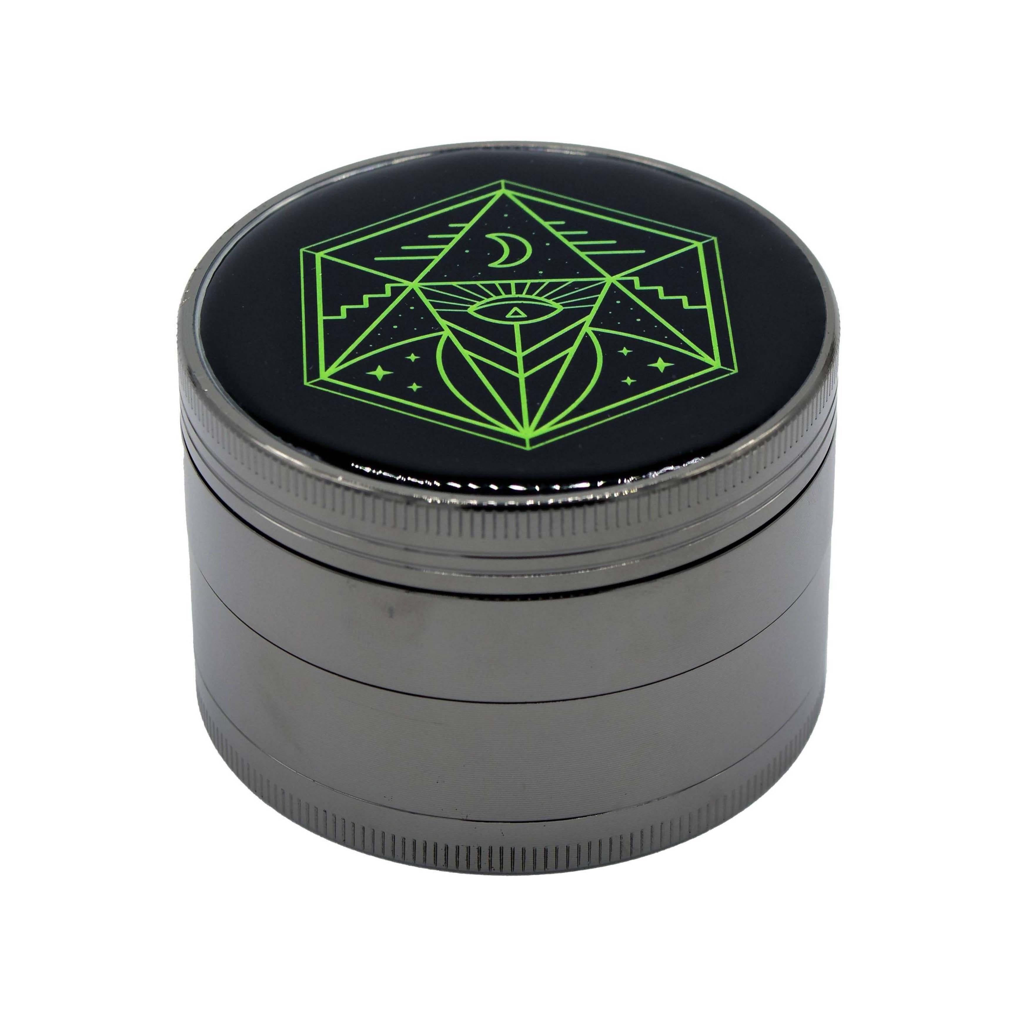 6.3 cm (2.5 inch) Spice Grinder, 4 Part, Vintage, Ancient Symbol Design, Magnetic Lid, Durable Zinc Alloy, Pollen Catcher - Leaf-Way Brand Accessories Main image