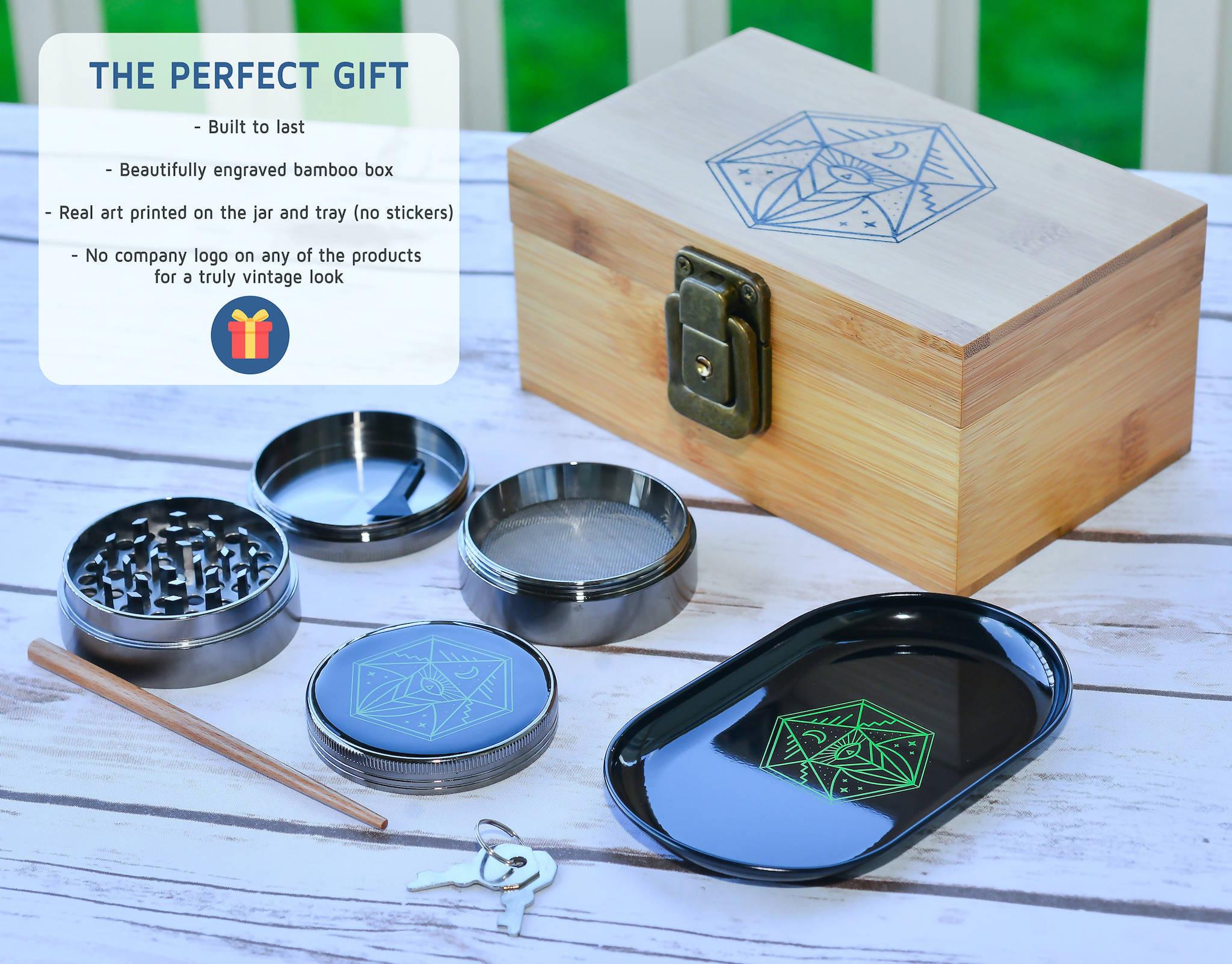 Vintage Stash Box Bundle - Ancient Symbol Design - Grinder - Rolling Tray - Airtight & UV Protecting Glass Jar - Accessory Gift Kit - Secure Storage Box - Lock & Key - Leaf-Way Brand Accessories Main image