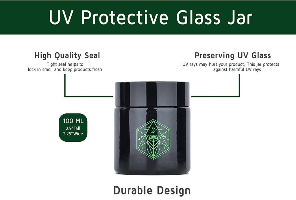 Small Glass Storage Jar and Lid - Real Printed Artwork - UV Protection - Helps Keep Goods Fresh with Light Protection- Tinted Black - 100 ml - Ancient Symbol Design - Accessories By Leaf-Way Brand